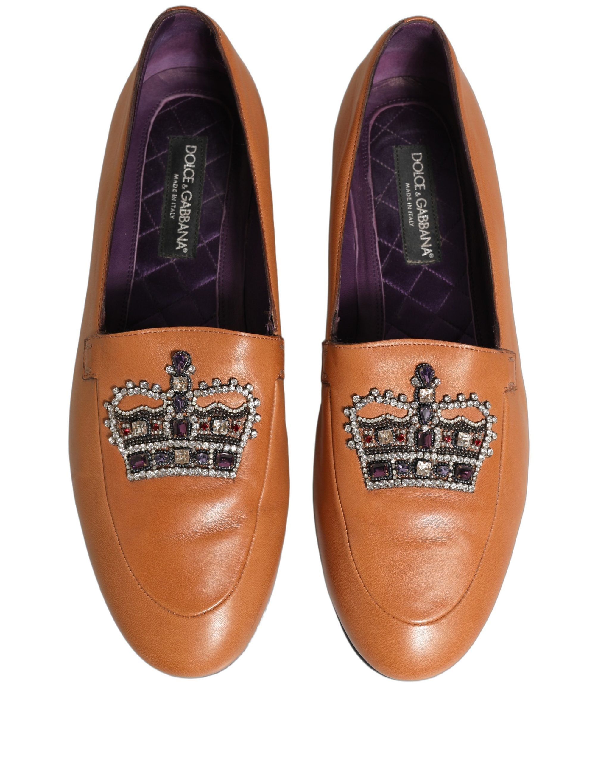 Dolce & Gabbana Brown Leather Crown Embellished Loafers Shoes