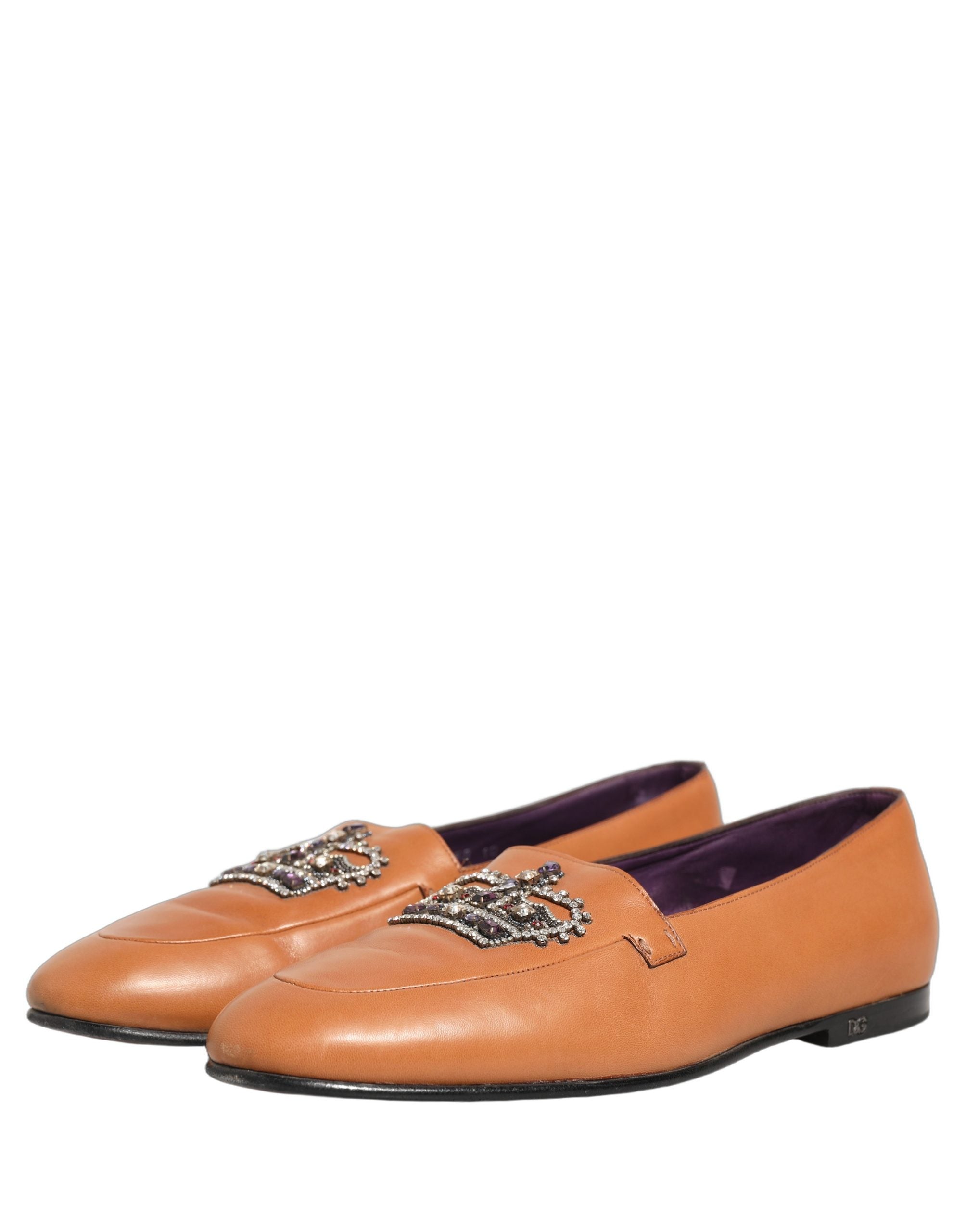 Dolce & Gabbana Brown Leather Crown Embellished Loafers Shoes
