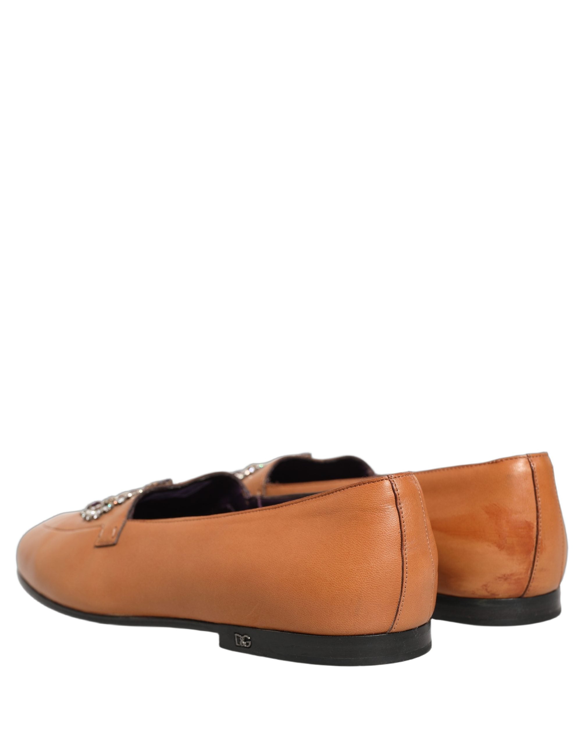 Dolce & Gabbana Brown Leather Crown Embellished Loafers Shoes