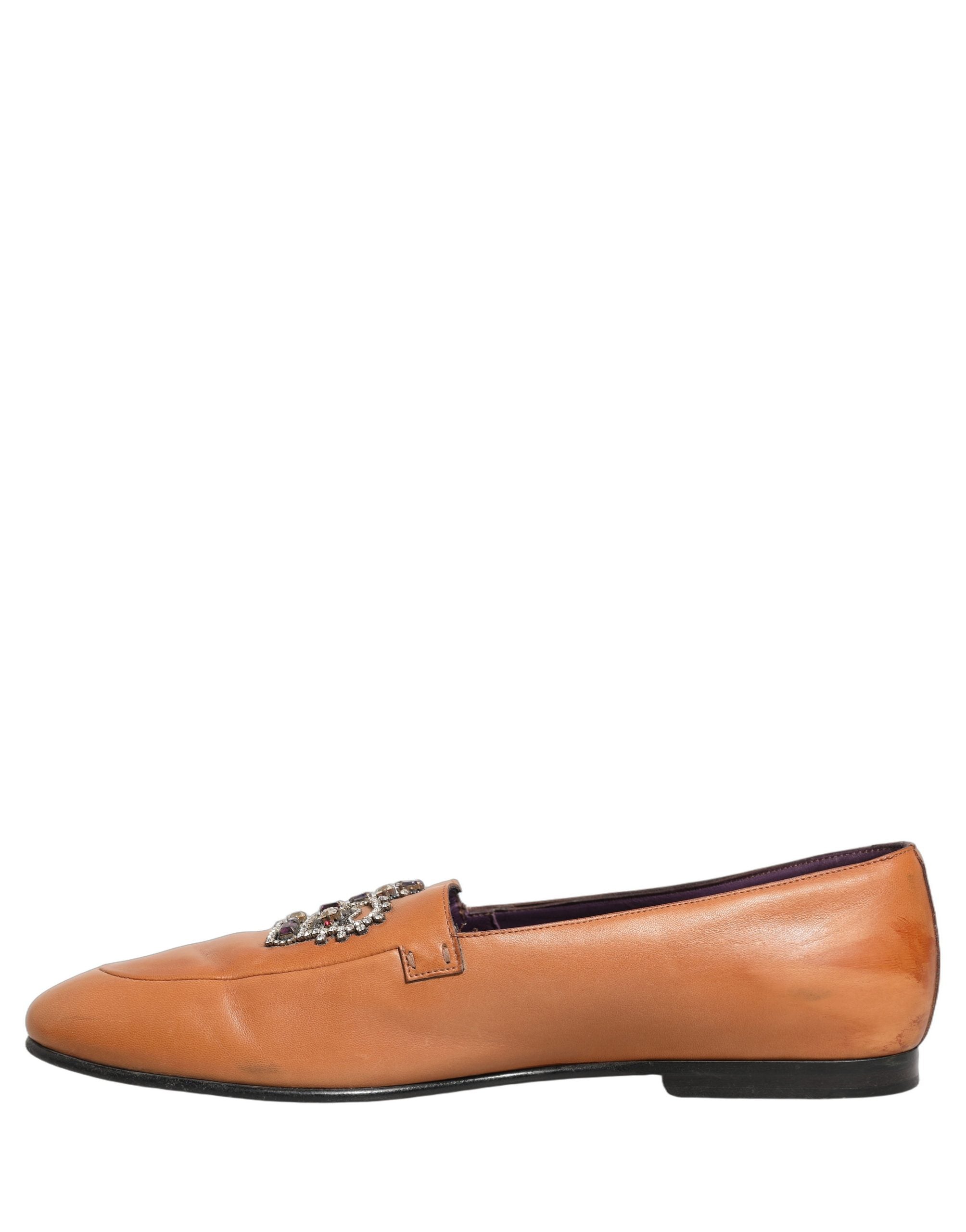 Dolce & Gabbana Brown Leather Crown Embellished Loafers Shoes