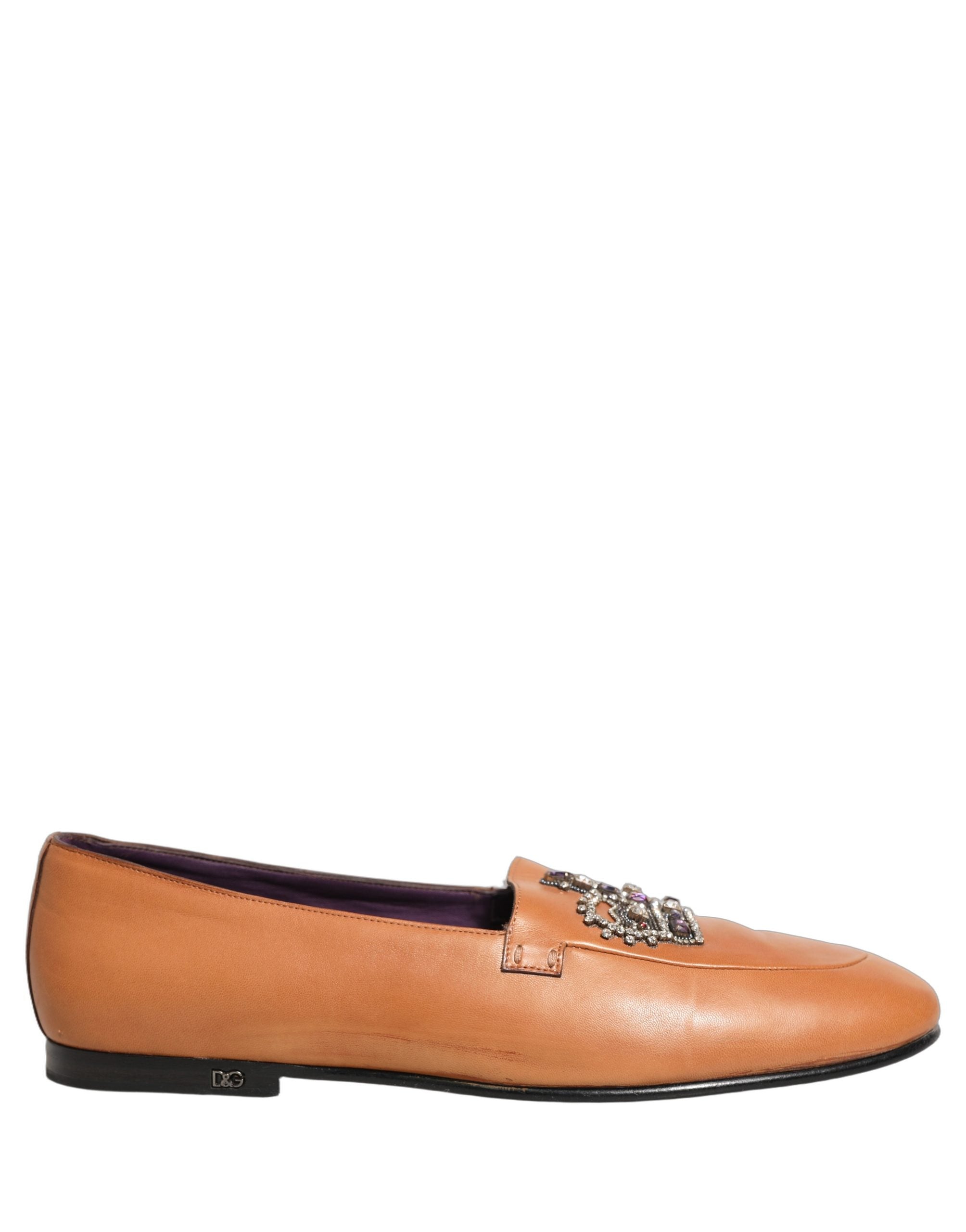 Dolce & Gabbana Brown Leather Crown Embellished Loafers Shoes