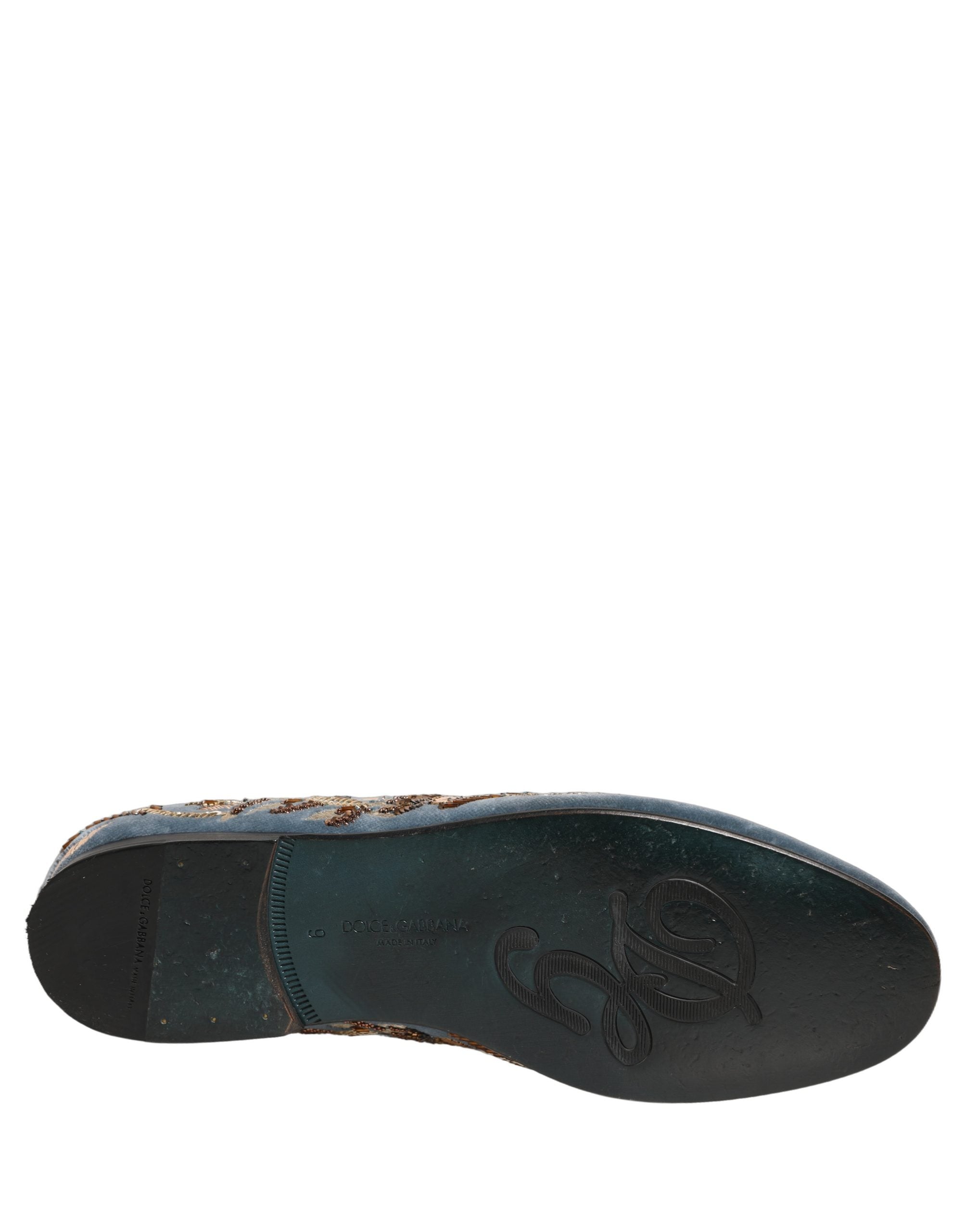 Dolce & Gabbana Blue Velvet Embellished Dress Loafers Shoes