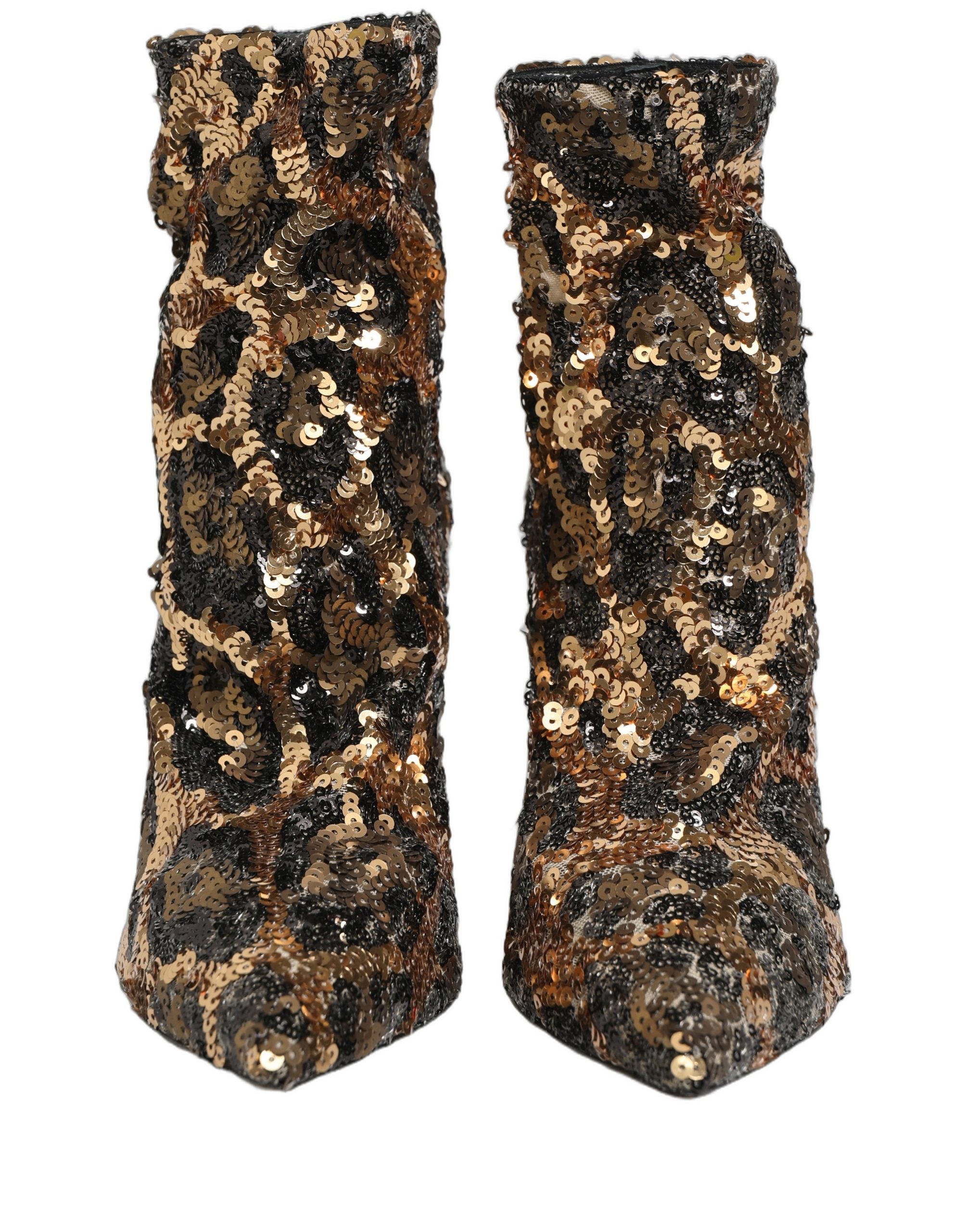 Dolce & Gabbana Gold Leopard Sequin Sock Ankle Boots Shoes