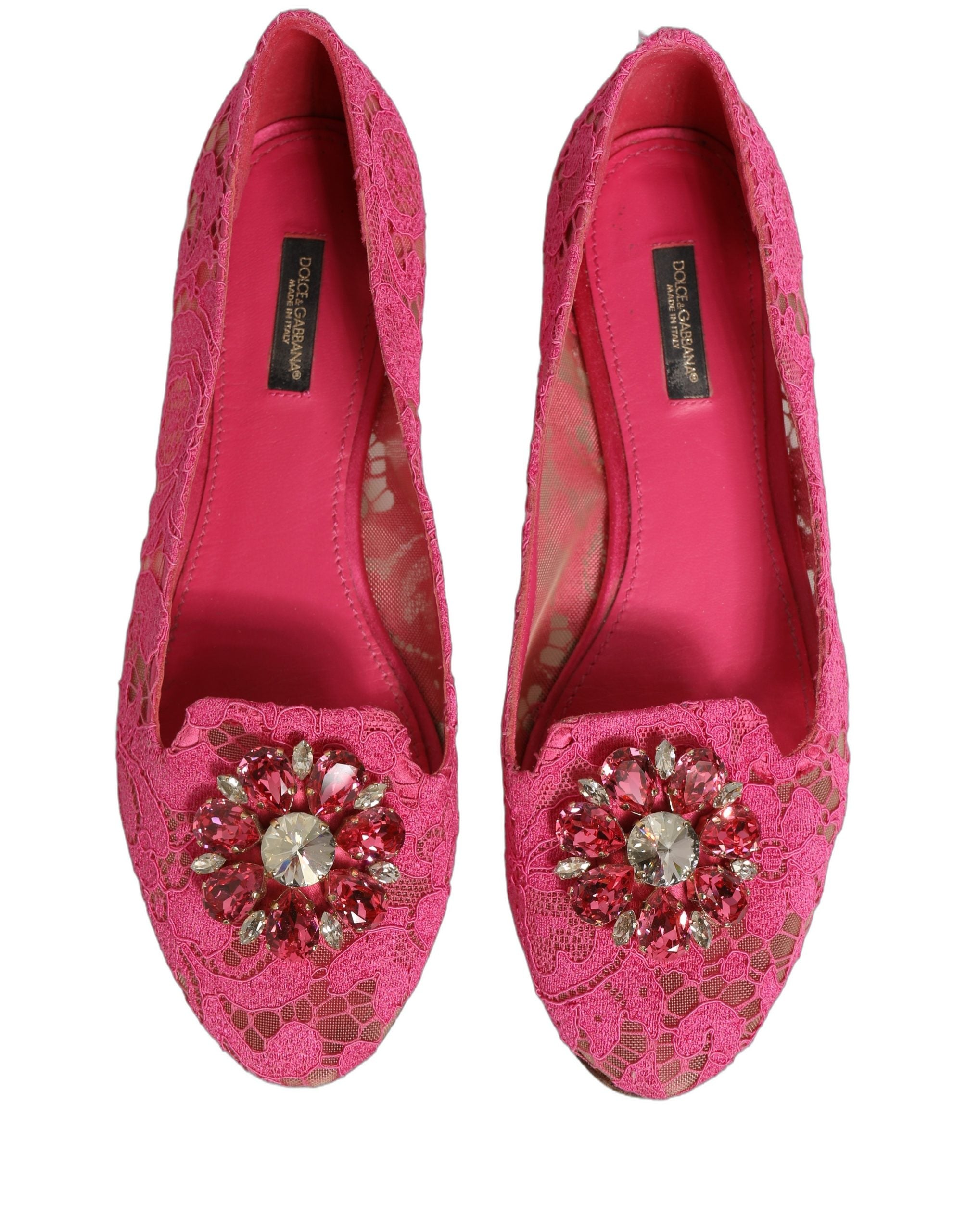 Dolce & Gabbana Pink Taormina Lace Crystals Flats Shoes
