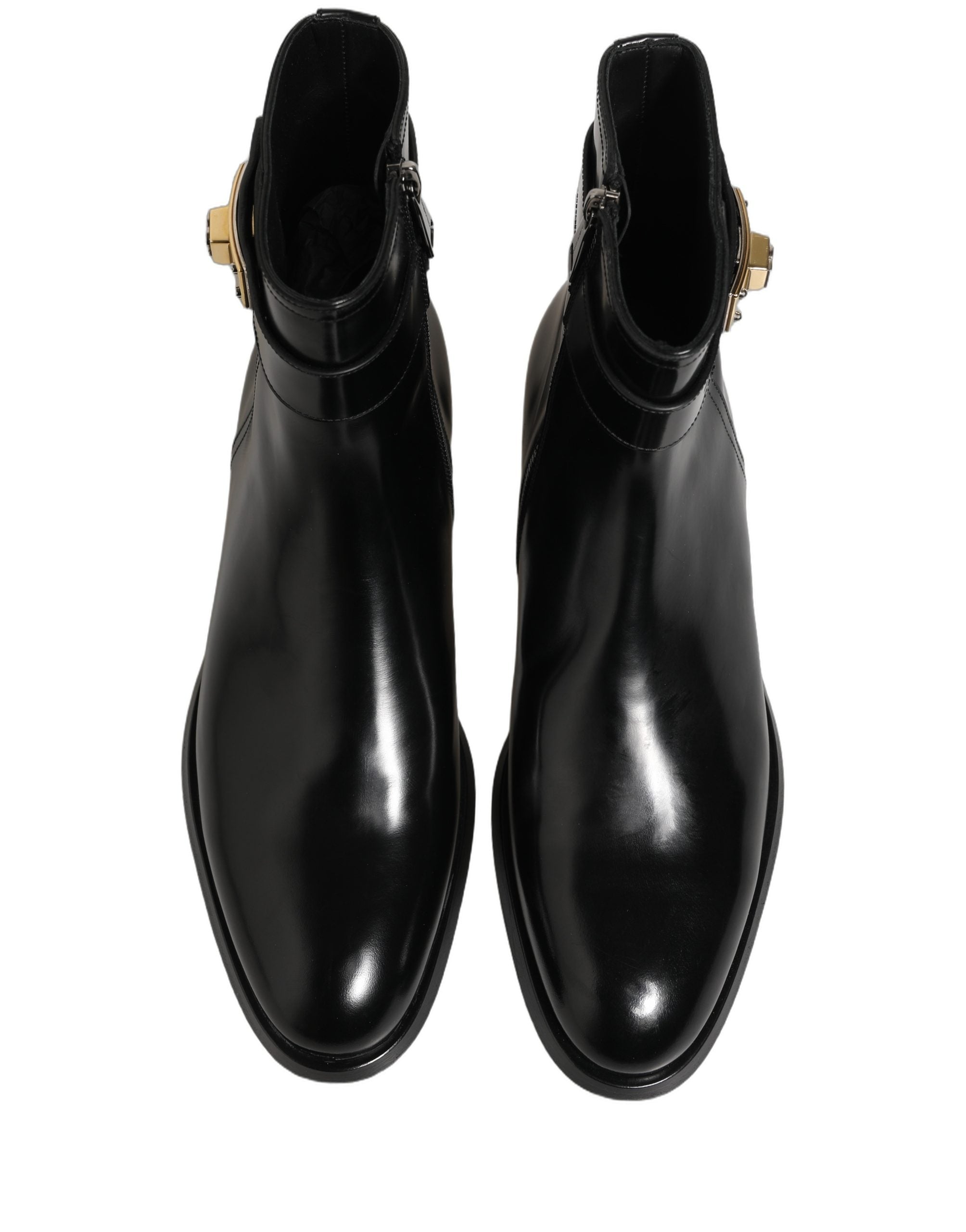 Dolce & Gabbana Black Leather Logo Buckle Mid Calf Boots Shoes