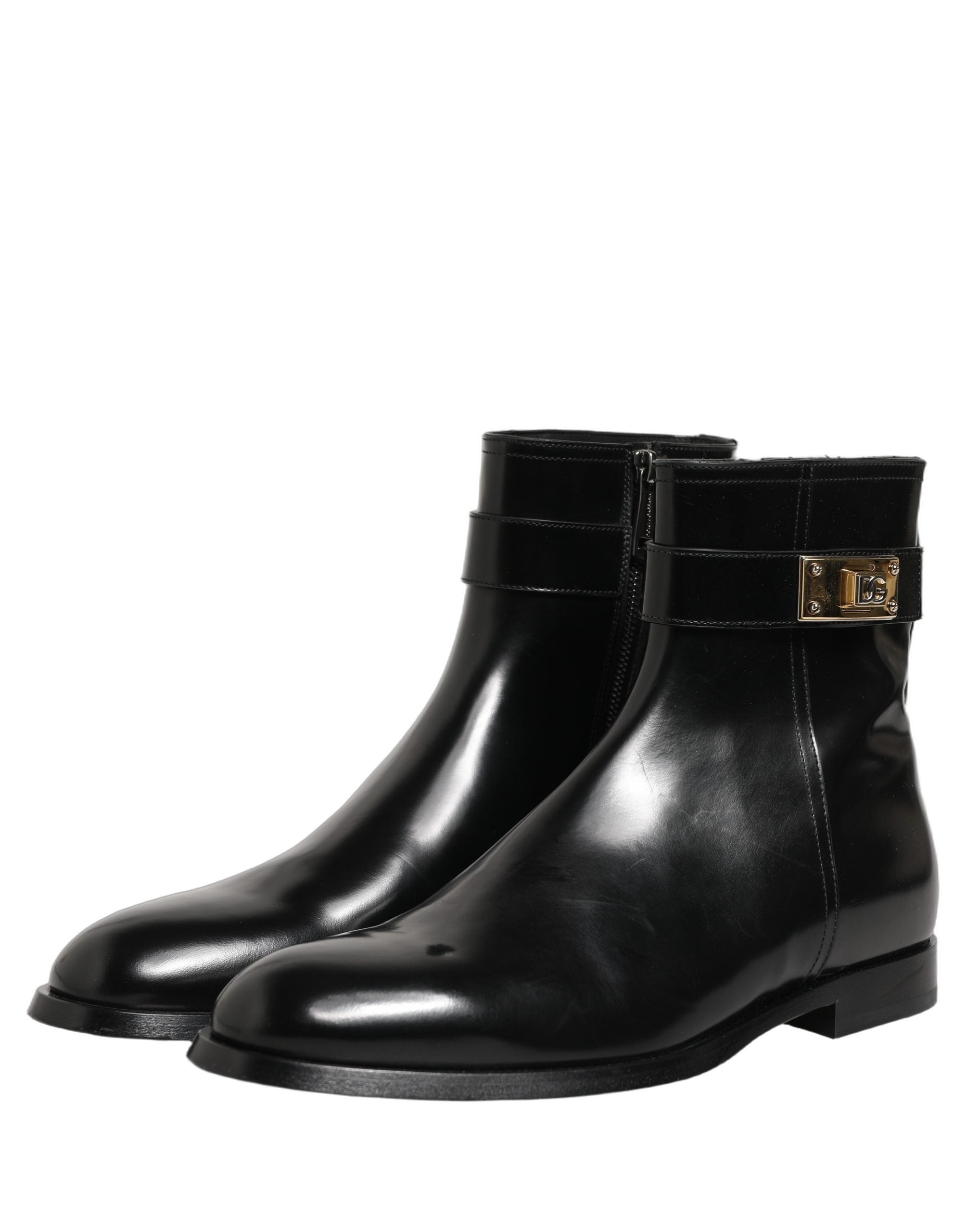 Dolce & Gabbana Black Leather Logo Buckle Mid Calf Boots Shoes