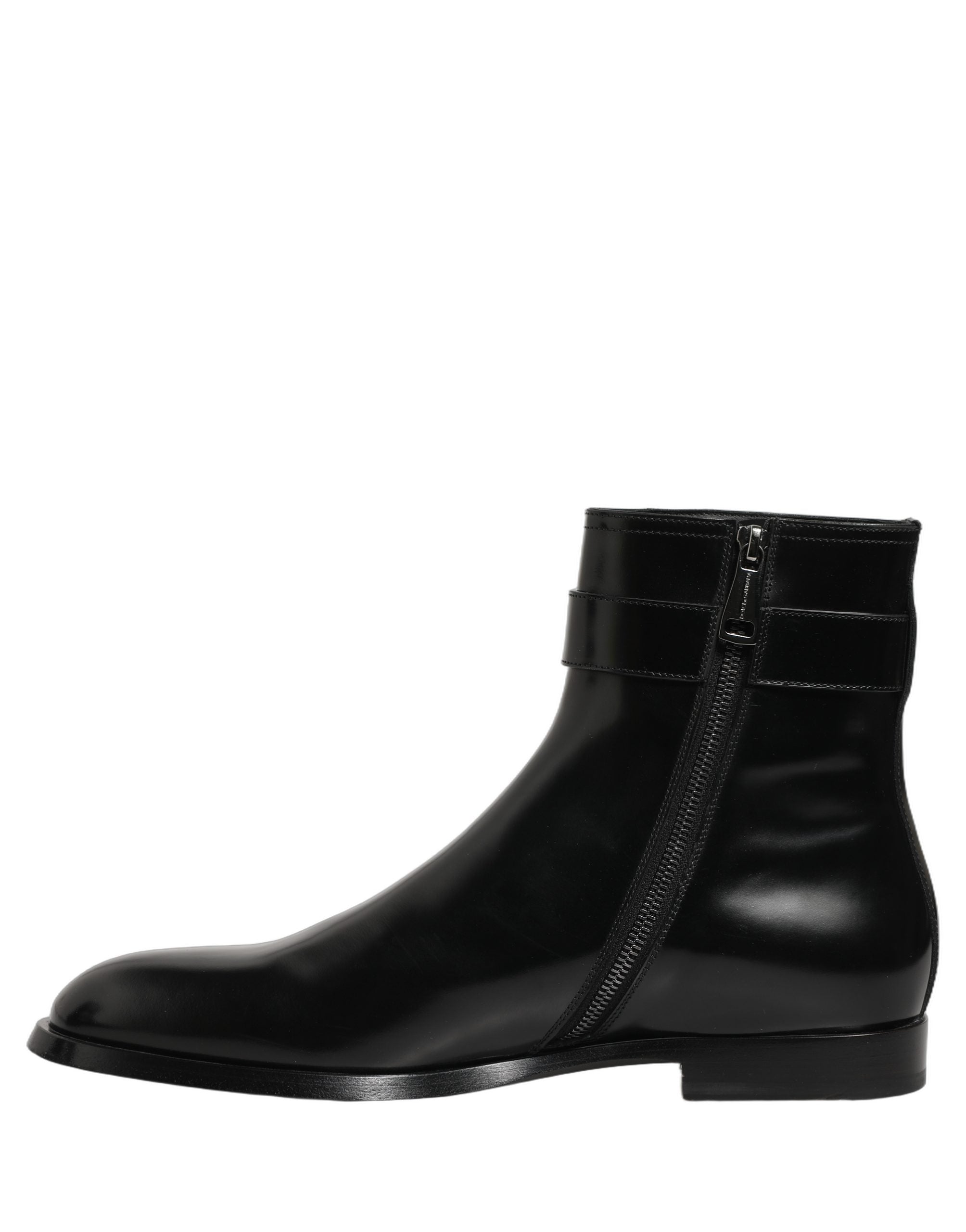 Dolce & Gabbana Black Leather Logo Buckle Mid Calf Boots Shoes