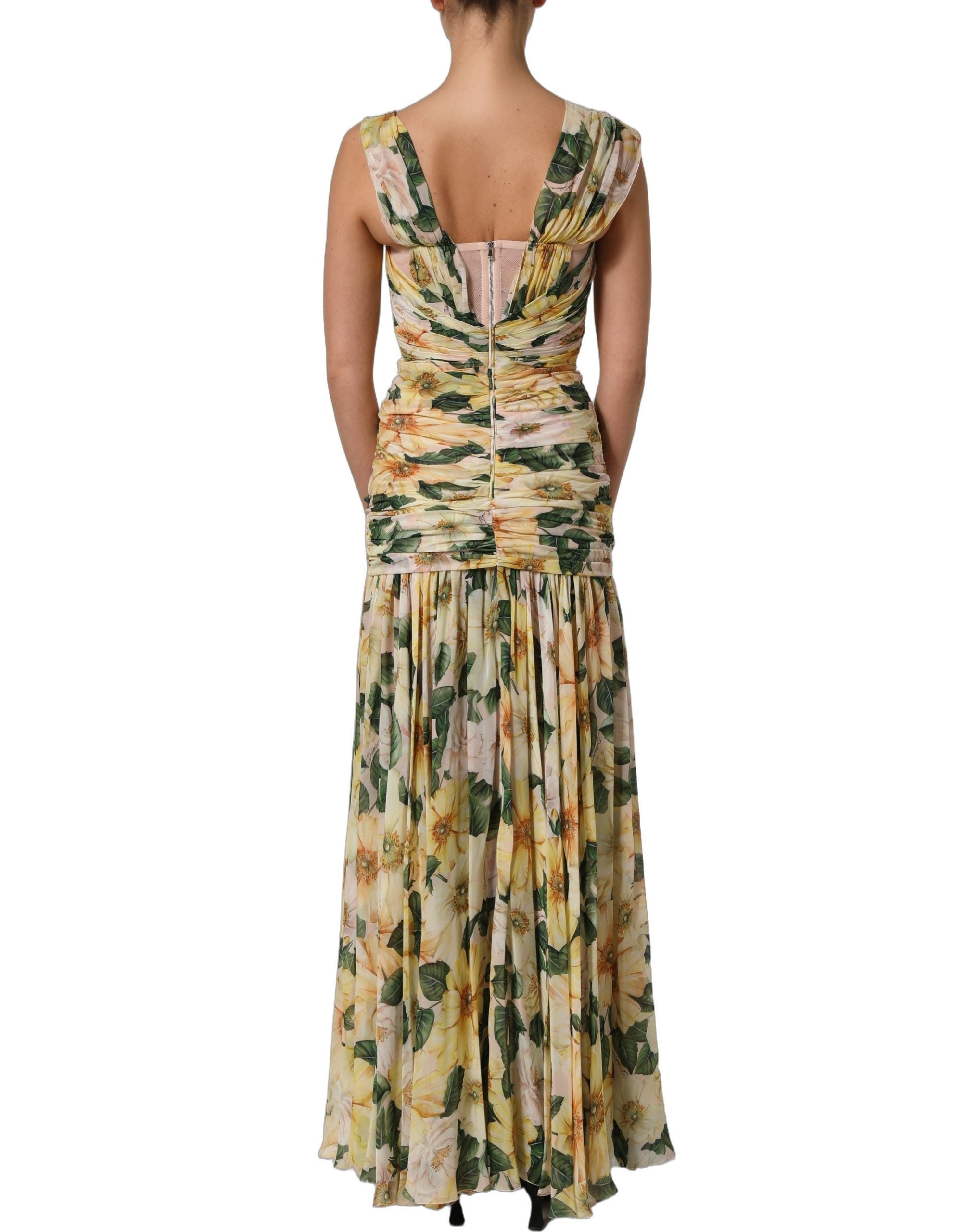 Dolce & Gabbana Yellow Floral Print Silk Pleated Maxi Dress