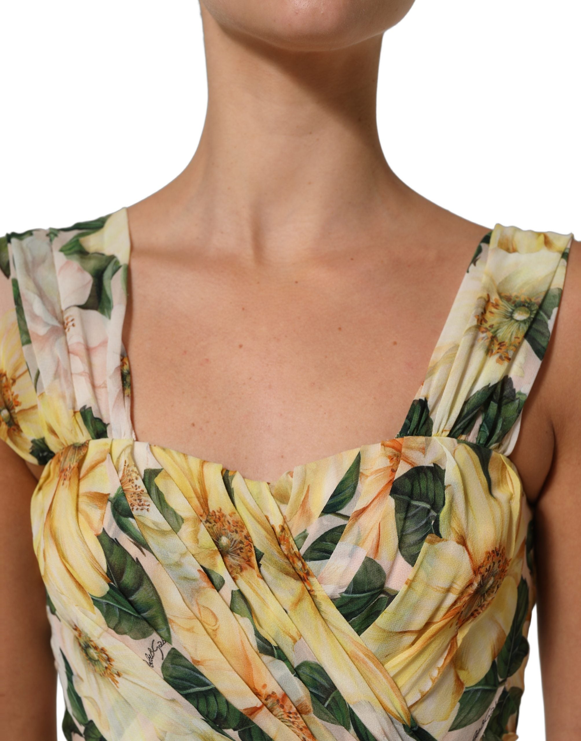 Dolce & Gabbana Yellow Floral Print Silk Pleated Maxi Dress