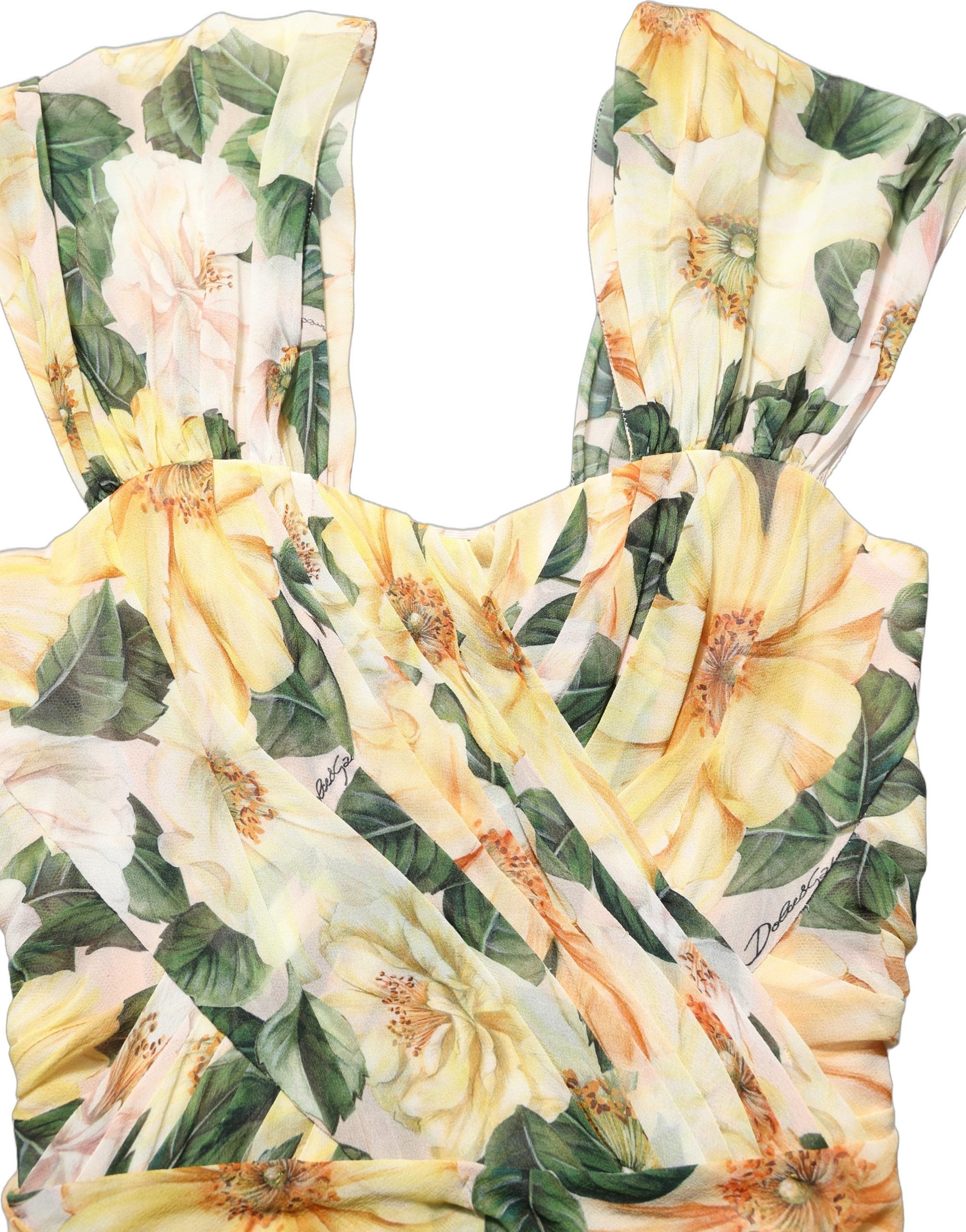 Dolce & Gabbana Yellow Floral Print Silk Pleated Maxi Dress