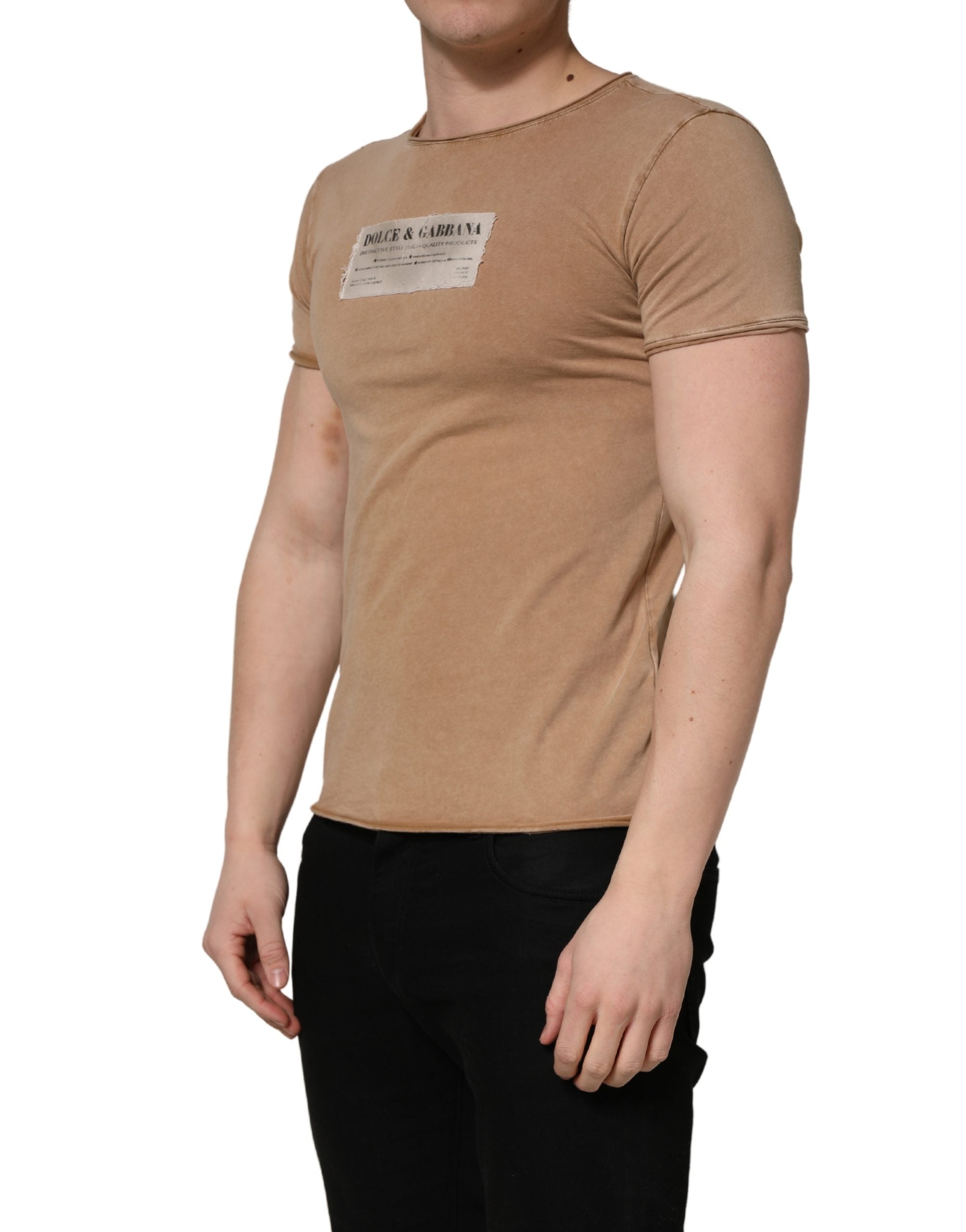 Dolce & Gabbana Brown Cotton Logo Patch Round Neck T-shirt