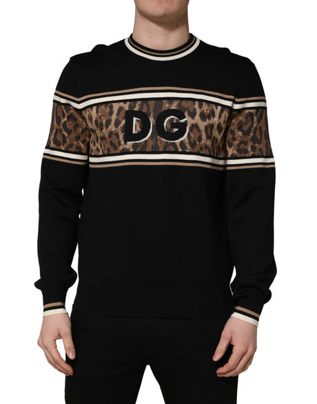 Dolce & Gabbana Black Leopard Wool Crew Neck Men Pullover Sweater