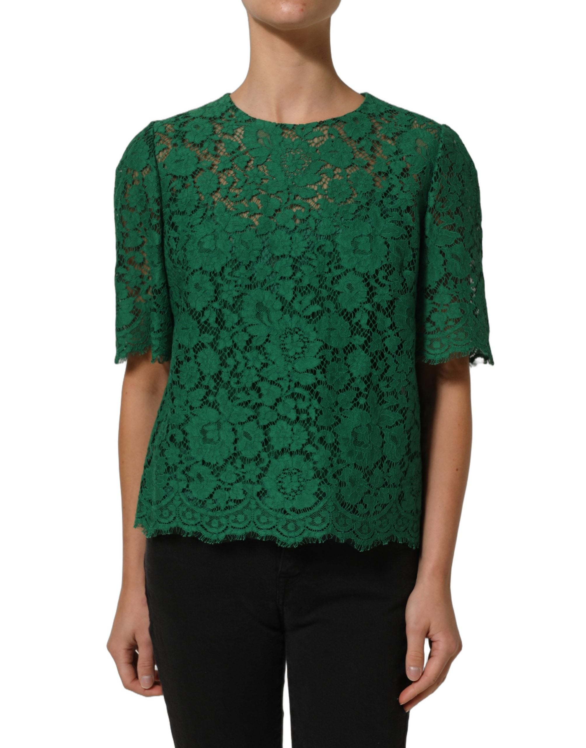 Dolce & Gabbana Green Floral Lace Round Neck Blouse Top
