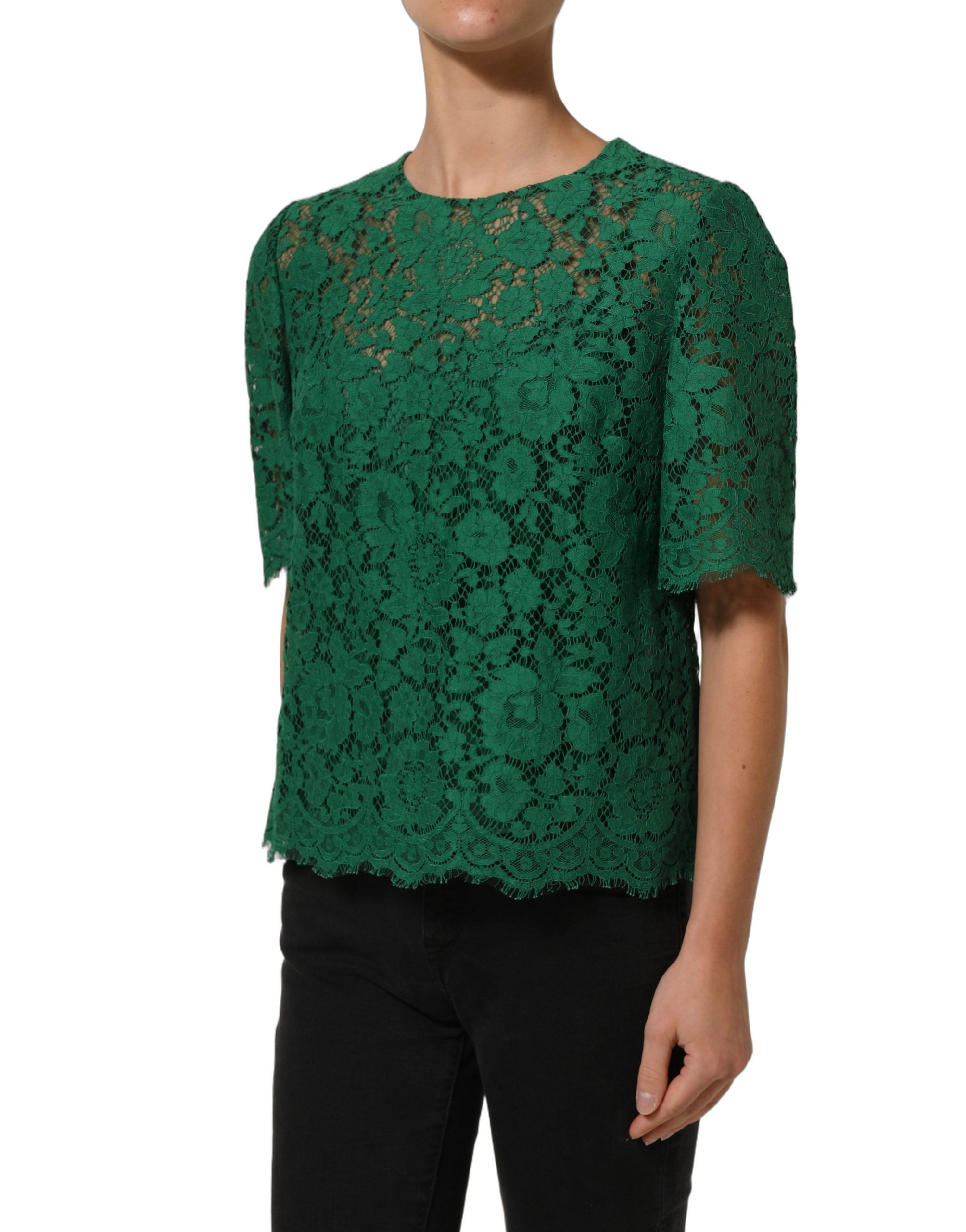 Dolce & Gabbana Green Floral Lace Round Neck Blouse Top