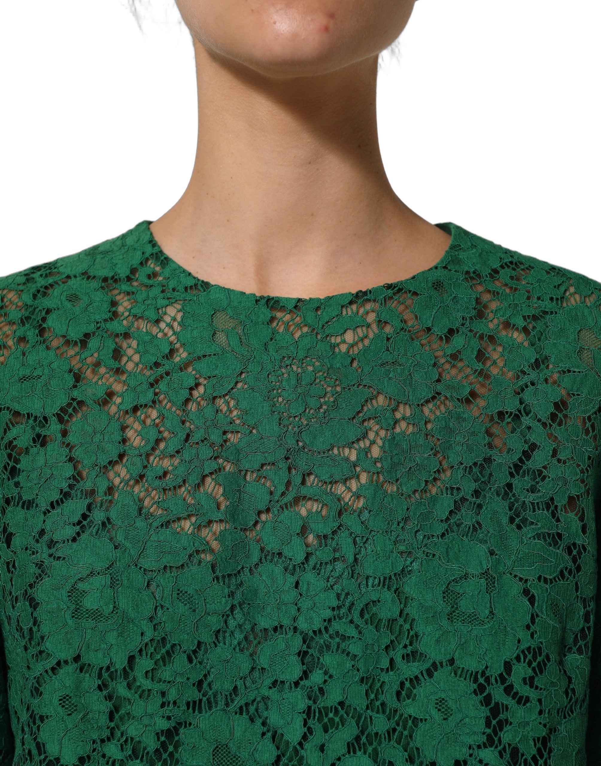 Dolce & Gabbana Green Floral Lace Round Neck Blouse Top