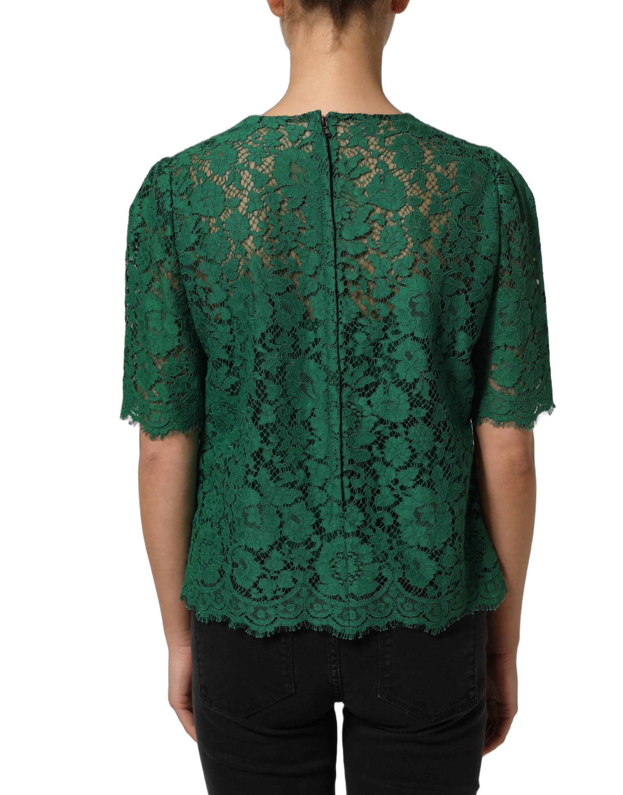 Dolce & Gabbana Green Floral Lace Round Neck Blouse Top