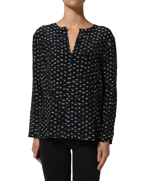 Bruno Manetti Black SIlk Long Sleeves Deep V-neck Blouse Top