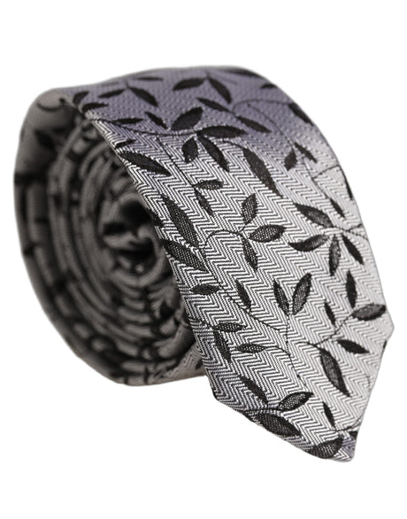 Dolce & Gabbana Men Gray Leaf Pattern Silk Adjustable Tied Necktie Tie