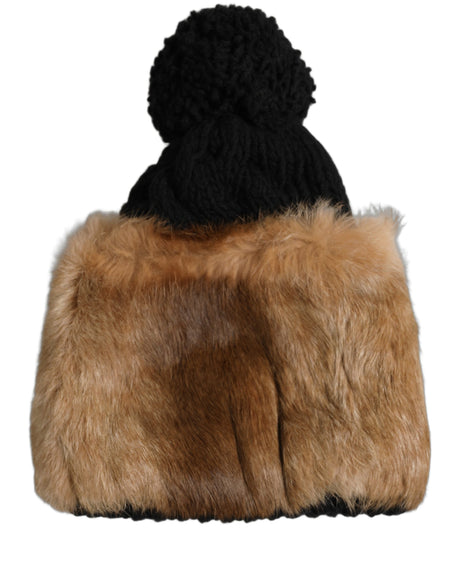Dolce & Gabbana Black Brown Dyed Rabbit Real Fur Winter Beanie Hat