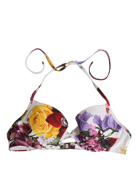 Dolce & Gabbana White Floral Print Nylon Beachwear Bikini Top