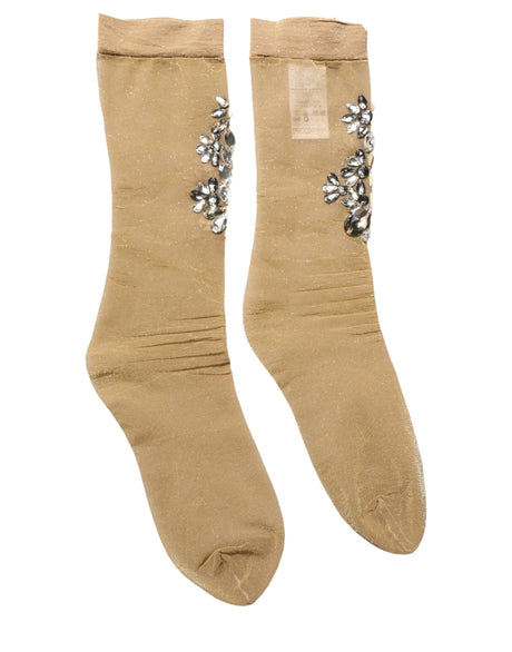 Dolce & Gabbana Brown Stretch Floral Clear Crystal Stockings Socks