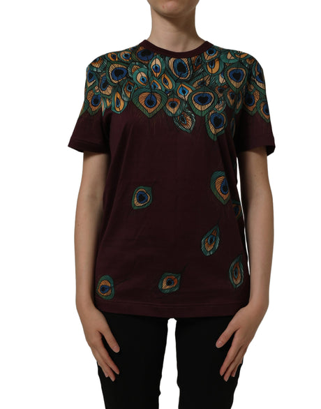 Dolce & Gabbana Burgundy Peacock Feather Round Neck T-shirt