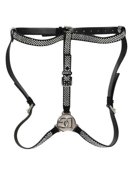 Dolce & Gabbana Black Leather Rhinestones Embellished Men Suspender