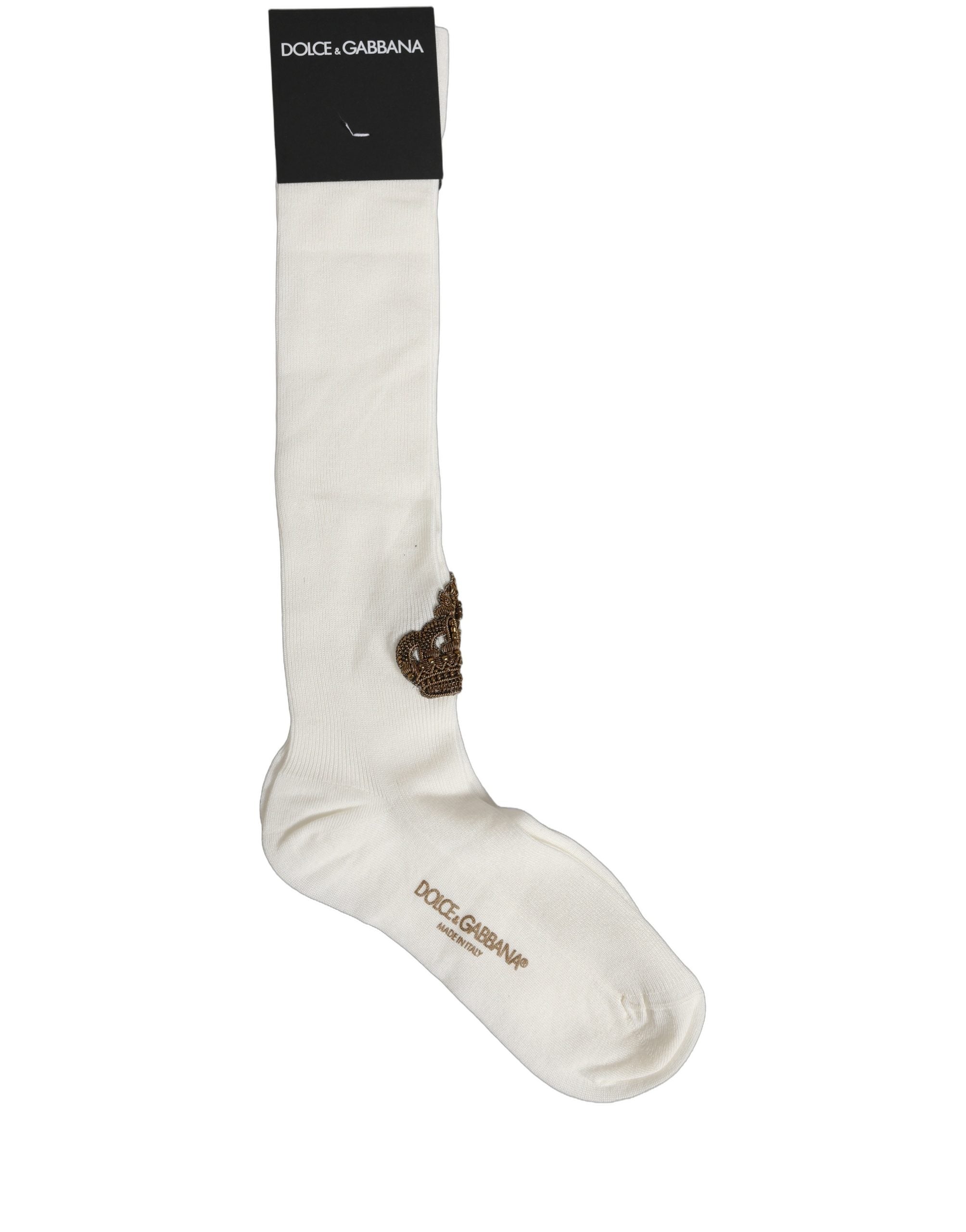Dolce & Gabbana White Crown Embroidery Knee High Accessory Socks