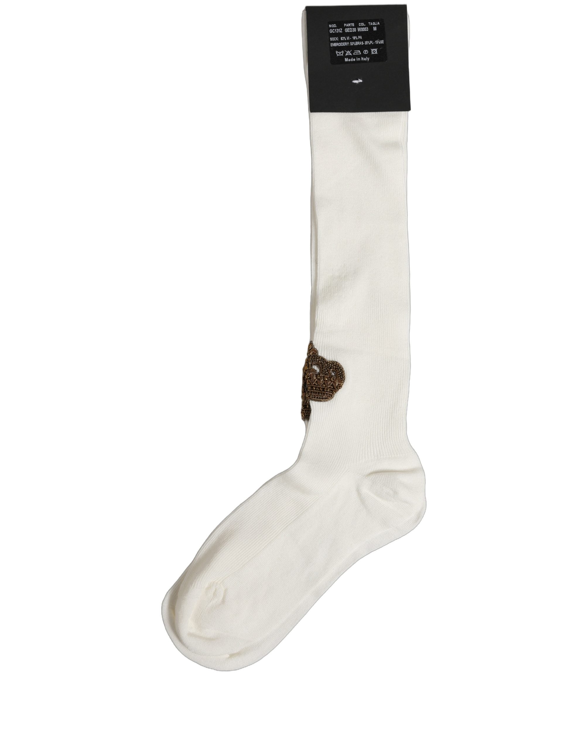 Dolce & Gabbana White Crown Embroidery Knee High Accessory Socks