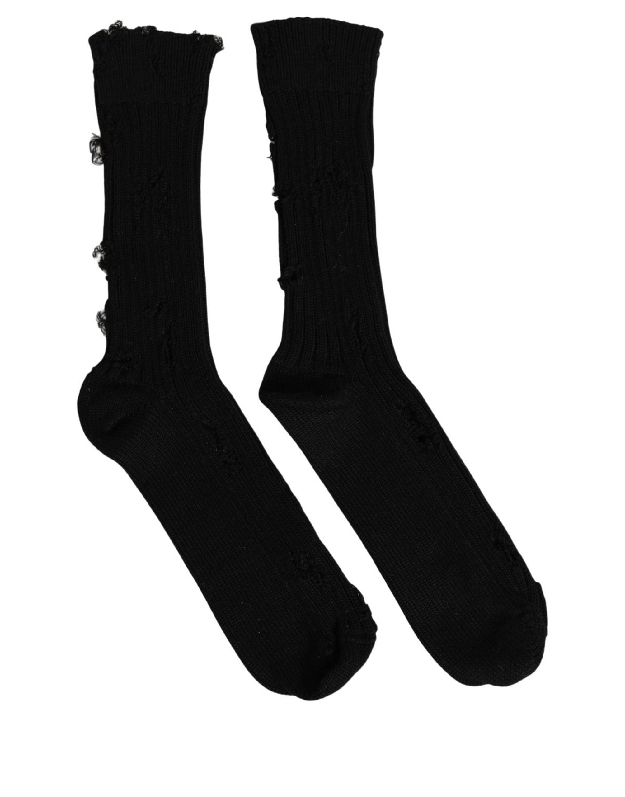 Dolce & Gabbana Black Cotton Distressed Mid Calf Accessory Socks