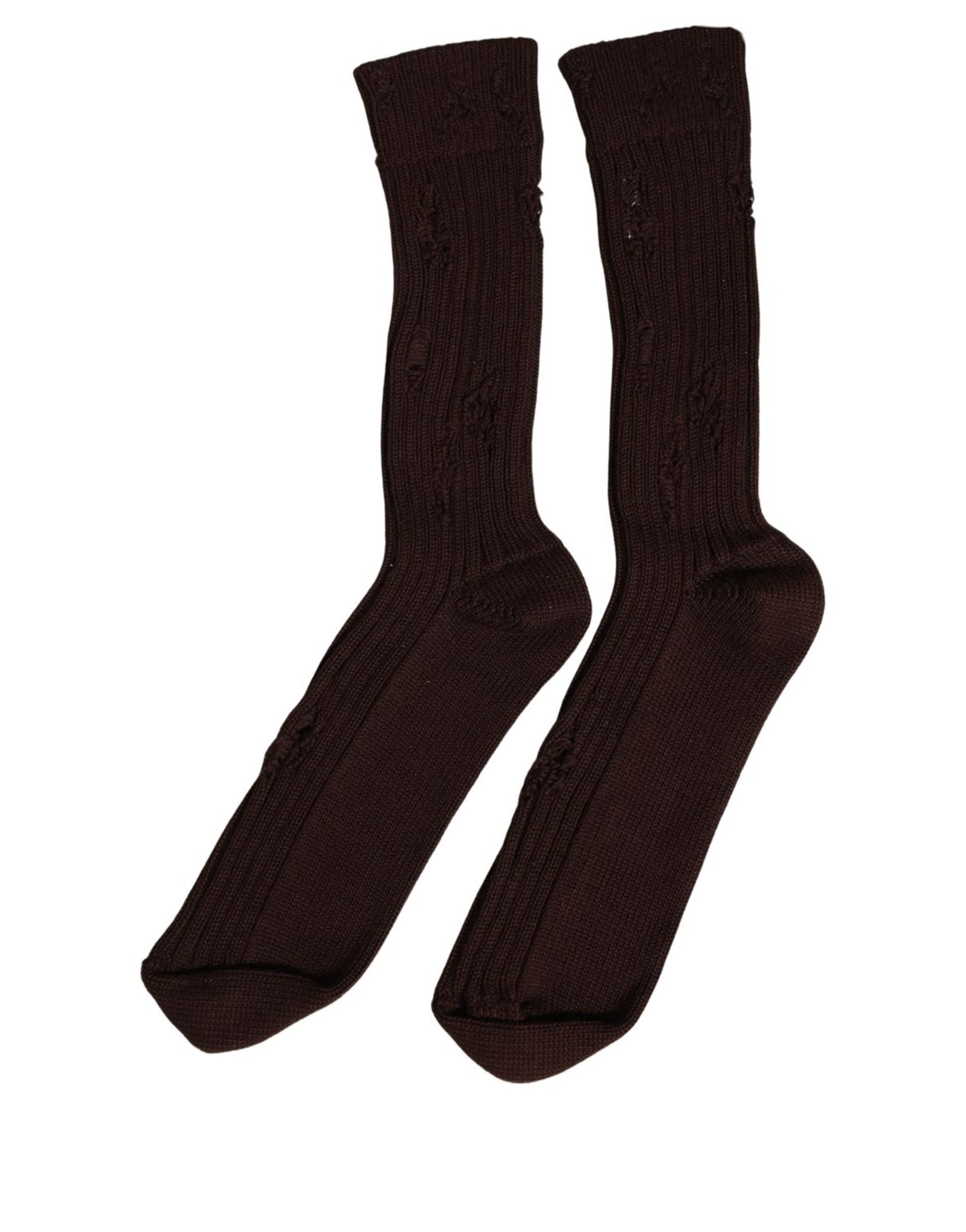 Dolce & Gabbana Dark Brown Cotton Distressed Mid Calf Accessory Socks