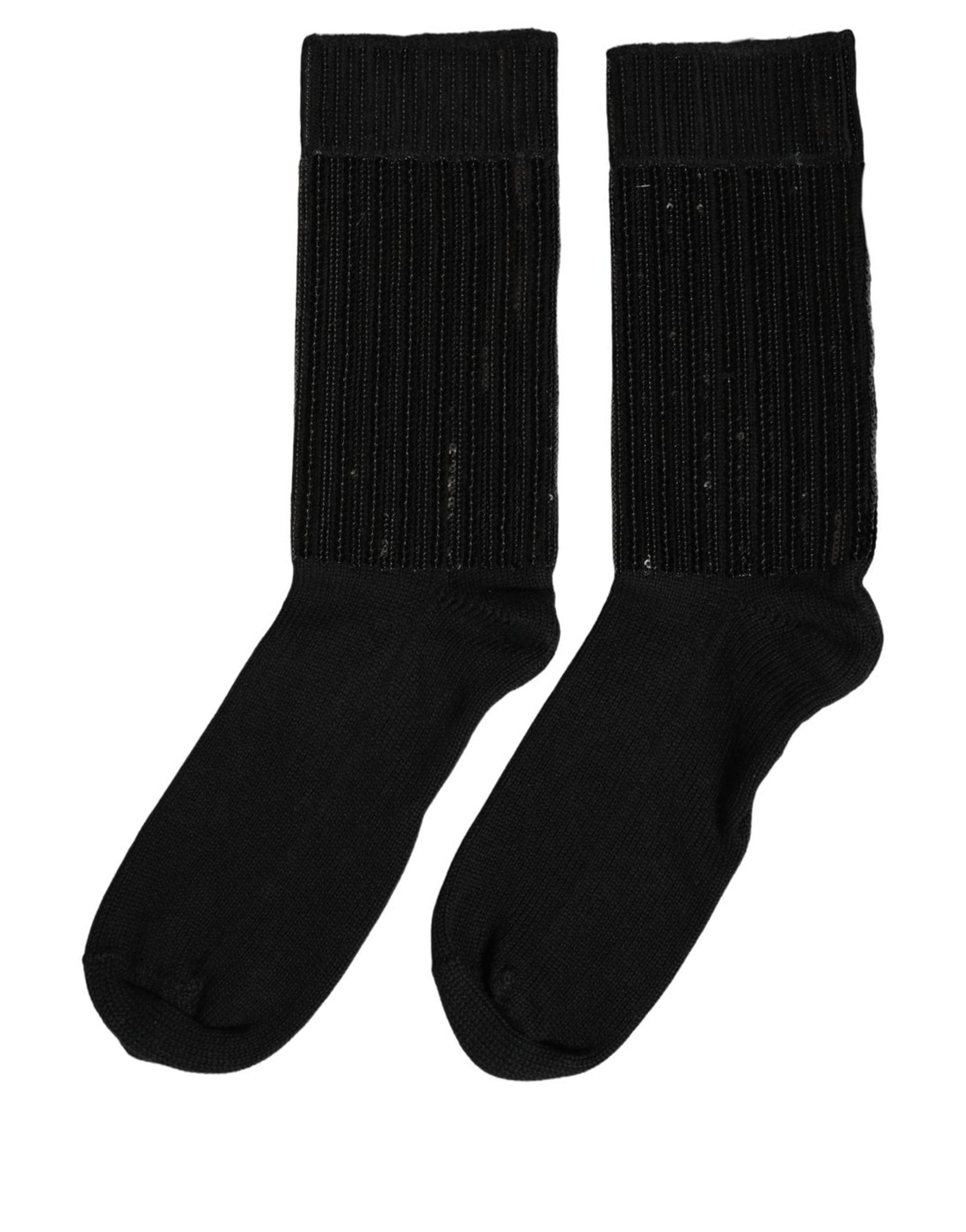 Dolce & Gabbana Black Sequin Cotton Knit Mid Calf Accessory Socks