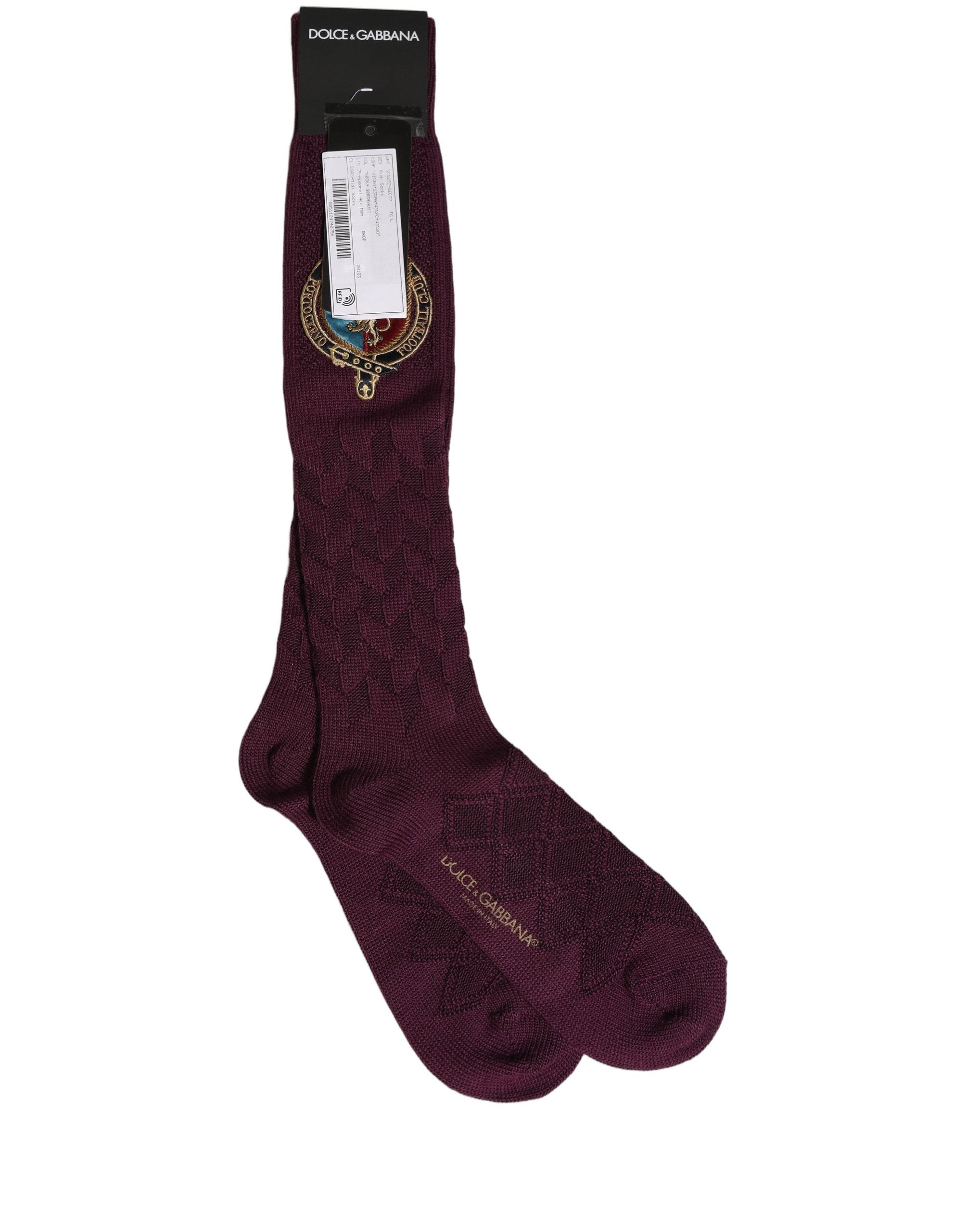 Dolce & Gabbana Burgundy Wool Crest Logo Knee High Accessory Socks