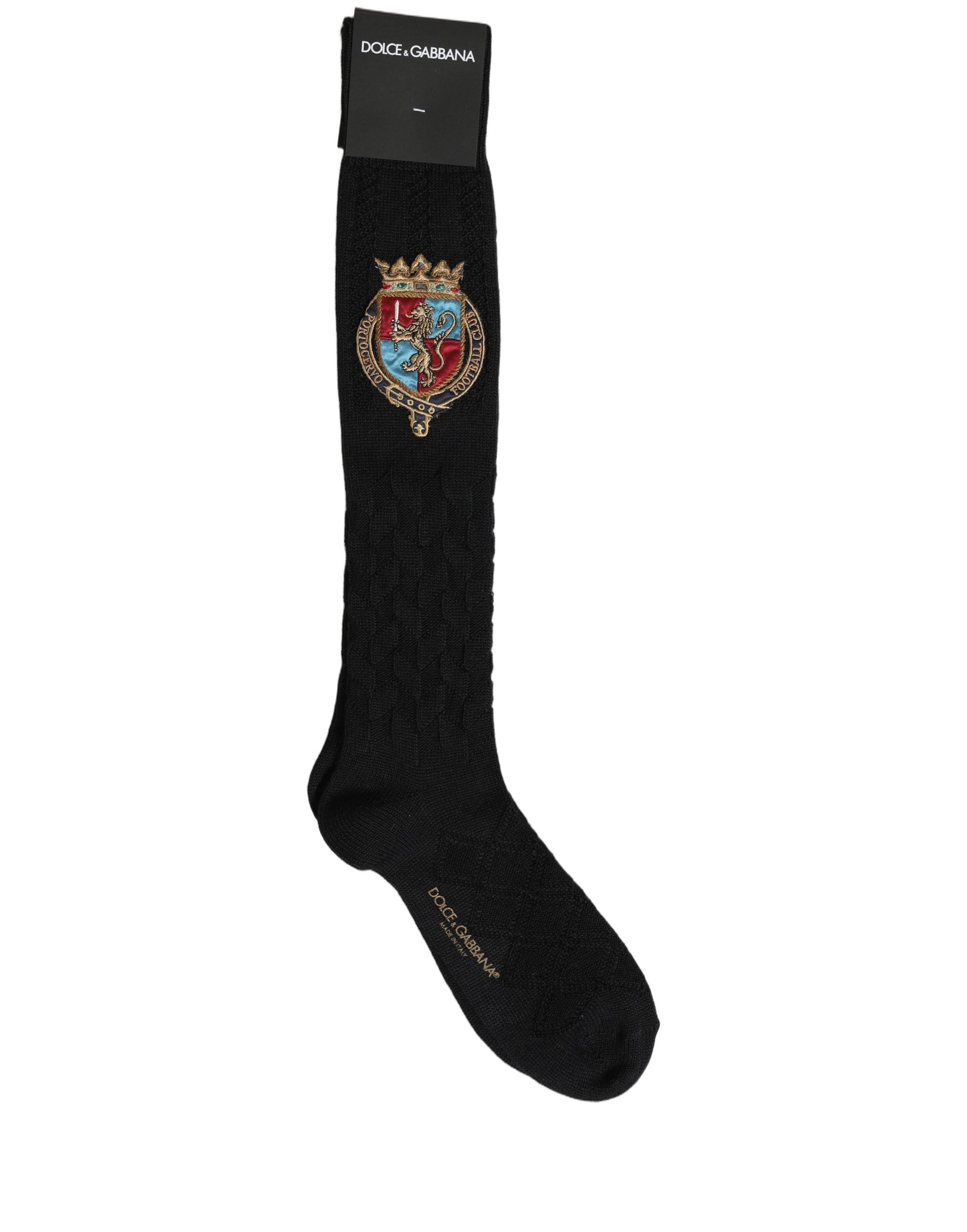 Dolce & Gabbana Men Black Wool Crest Logo Knee High Accessory Socks