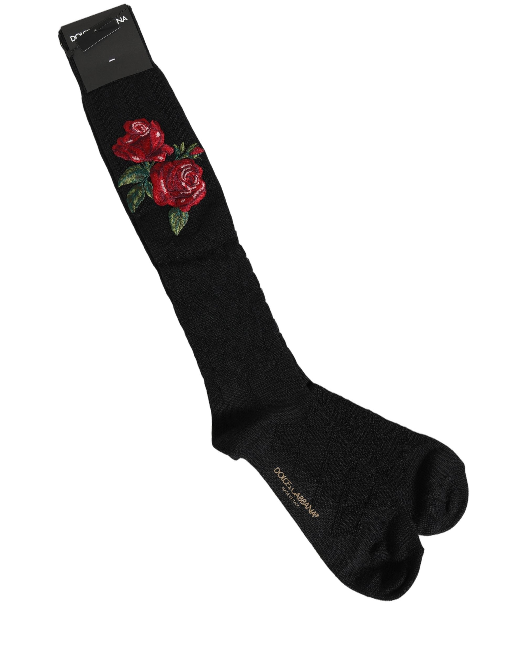 Dolce & Gabbana Black Wool Floral Over The Calf Accessory Socks
