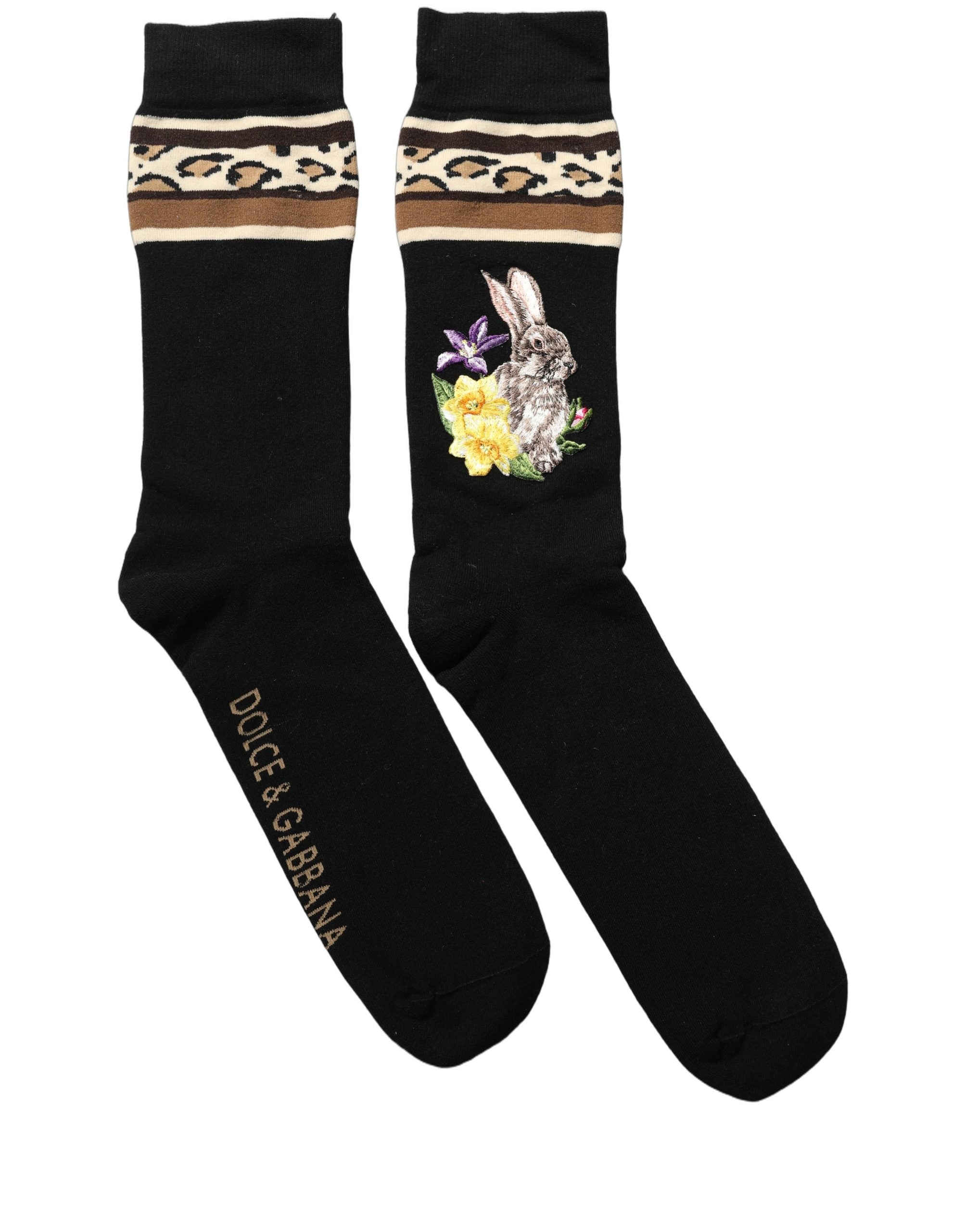 Dolce & Gabbana Black Rabbit Floral Wool Mid Calf Accessory Socks