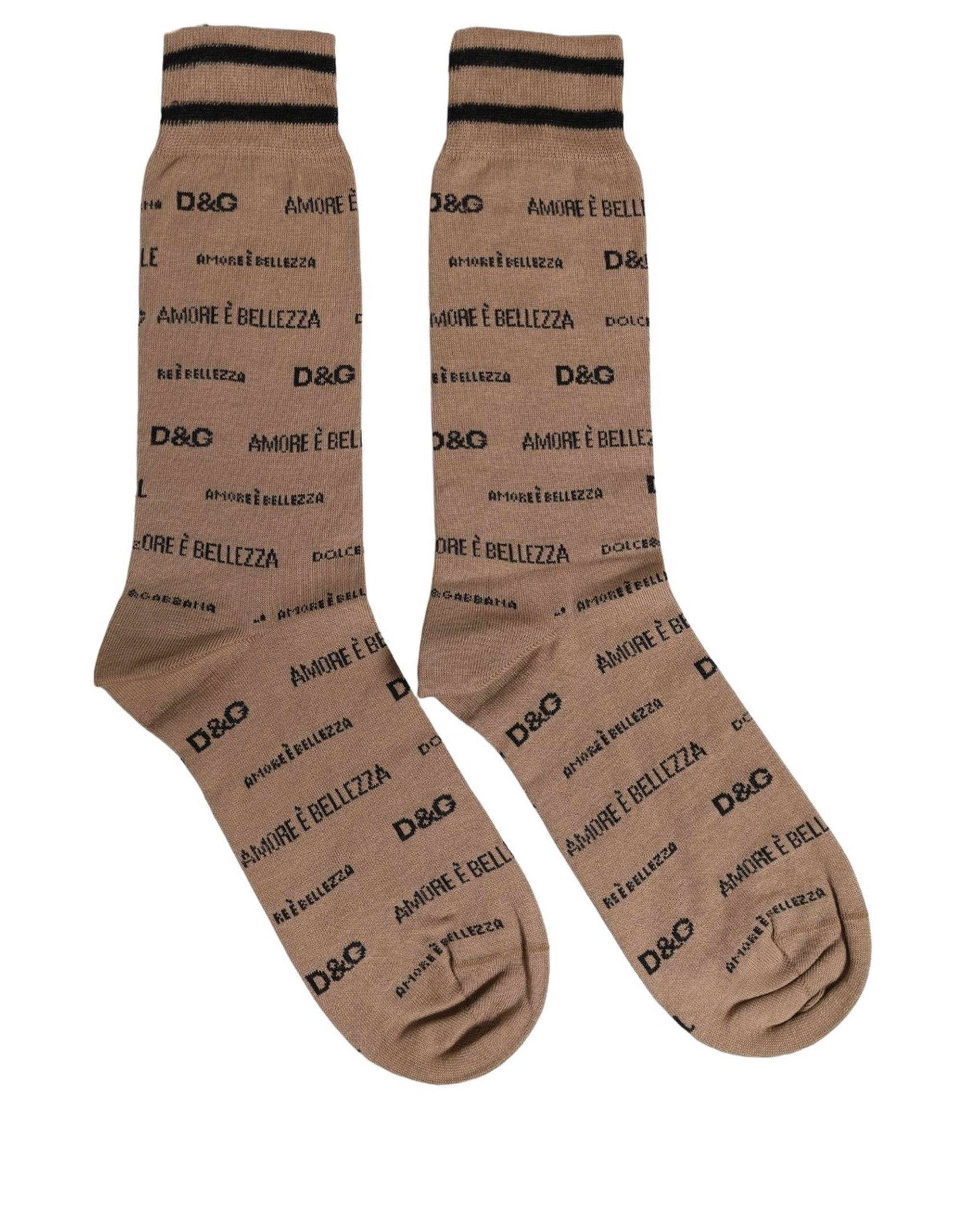 Dolce & Gabbana Brown Cotton Logo Print Mid Calf Accessory Socks