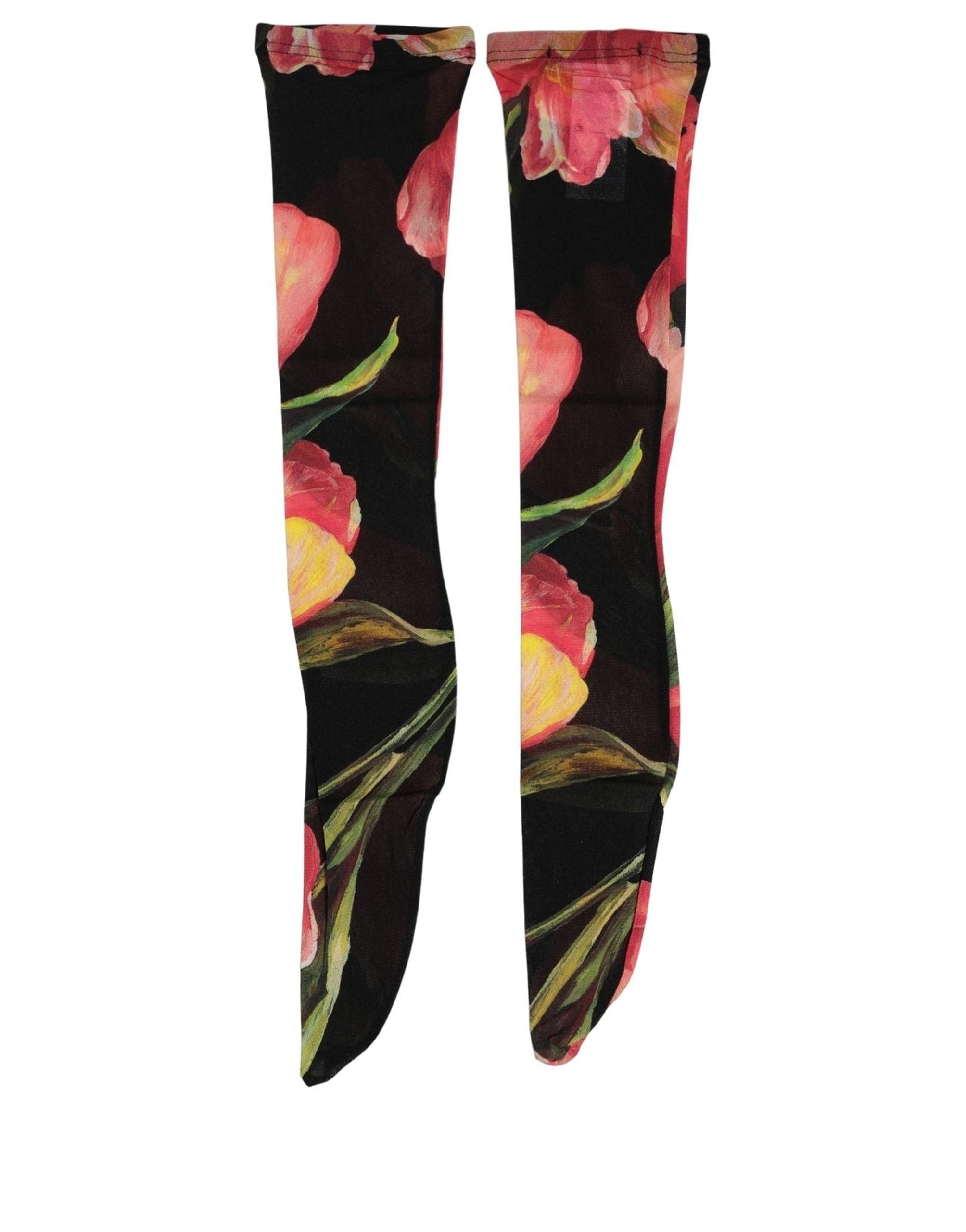 Dolce & Gabbana Black Pink Floral Tulip Nylon Stockings Socks