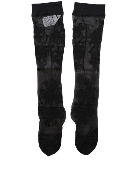 Dolce & Gabbana Black Floral Nylon Stretch Over The Calf Socks