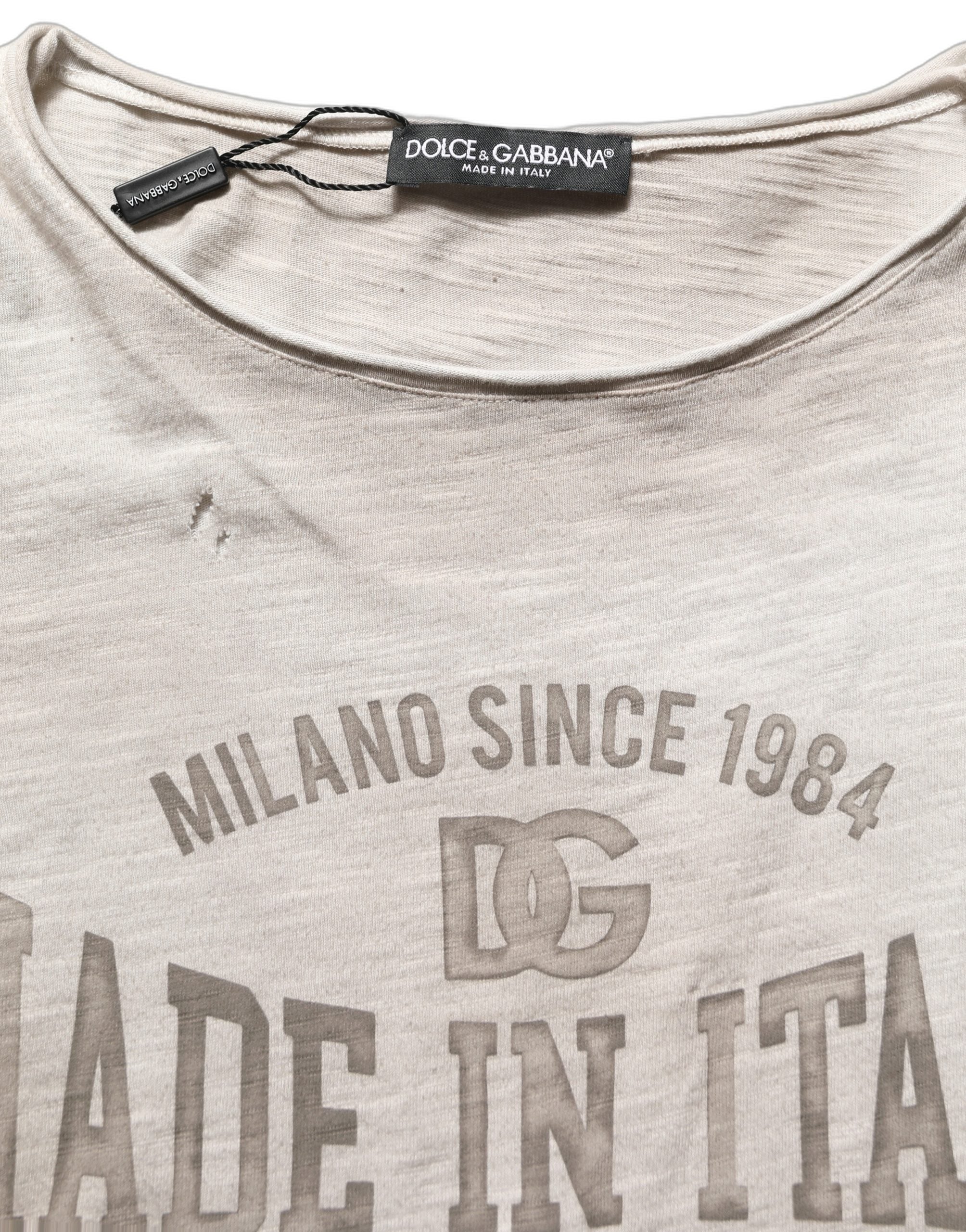 Dolce & Gabbana Light Gray Graphic Print Distressed T-shirt
