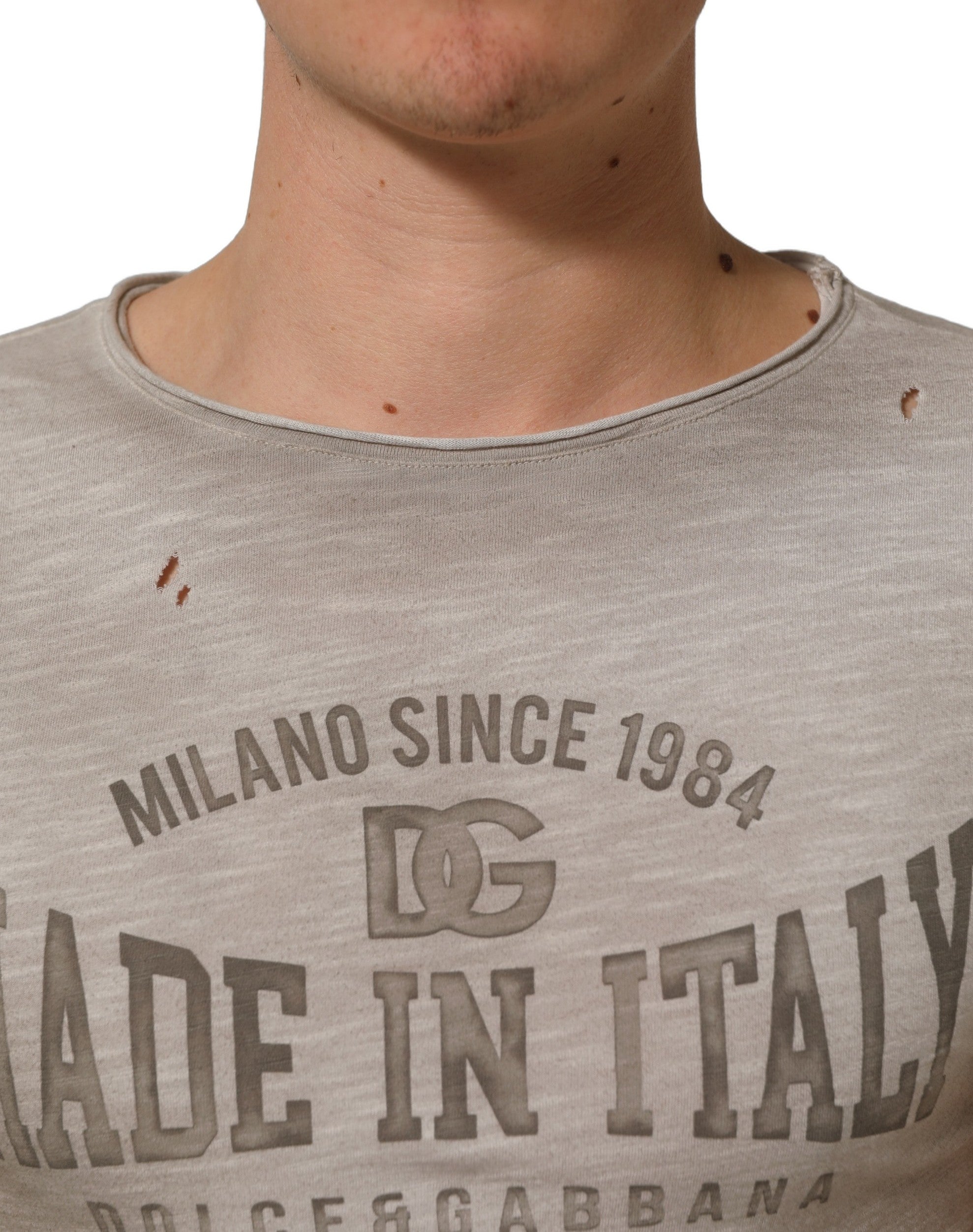 Dolce & Gabbana Light Gray Graphic Print Distressed T-shirt