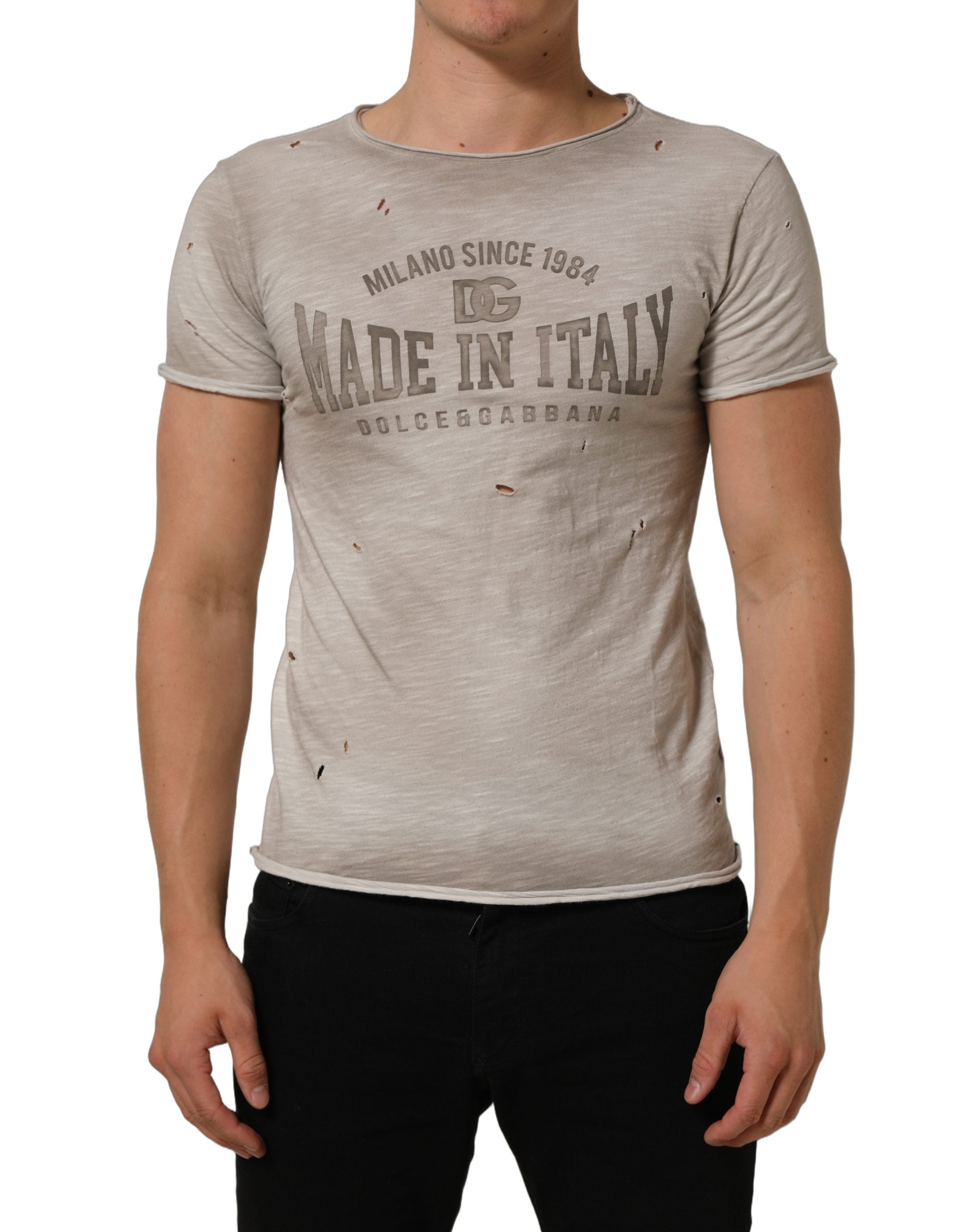 Dolce & Gabbana Light Gray Graphic Print Distressed T-shirt