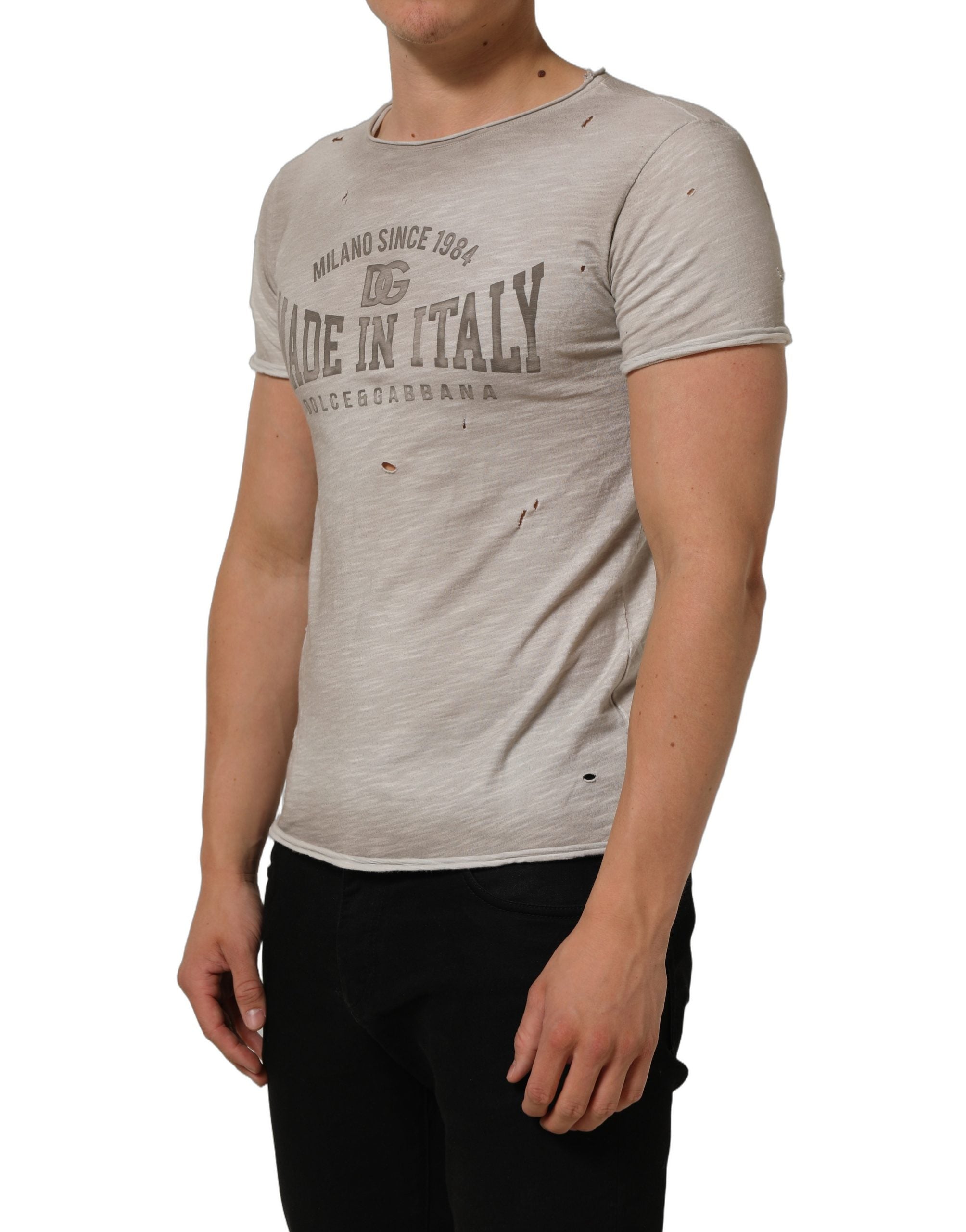 Dolce & Gabbana Light Gray Graphic Print Distressed T-shirt