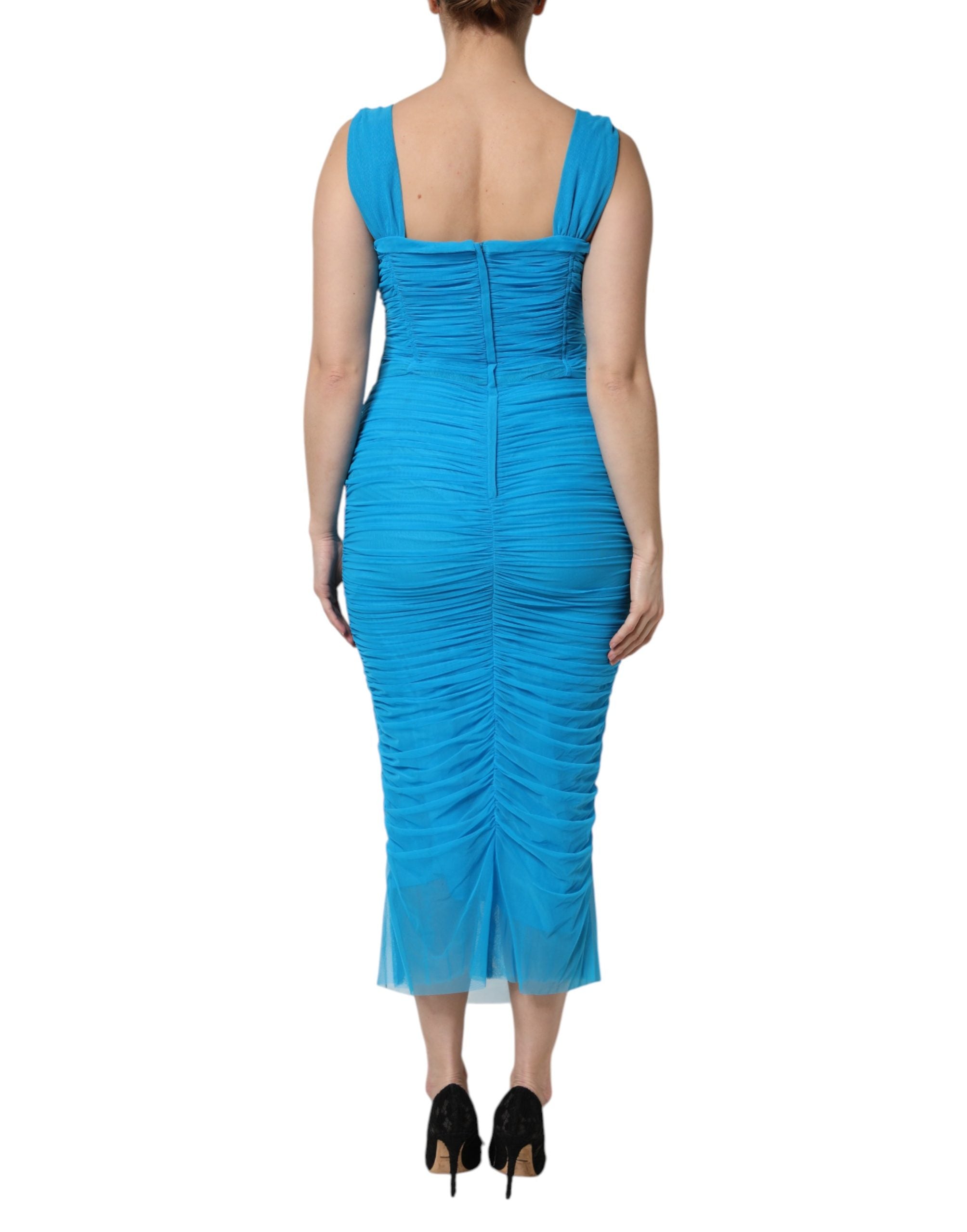 Dolce & Gabbana Blue Ruched Tulle Midi Square Neck Dress