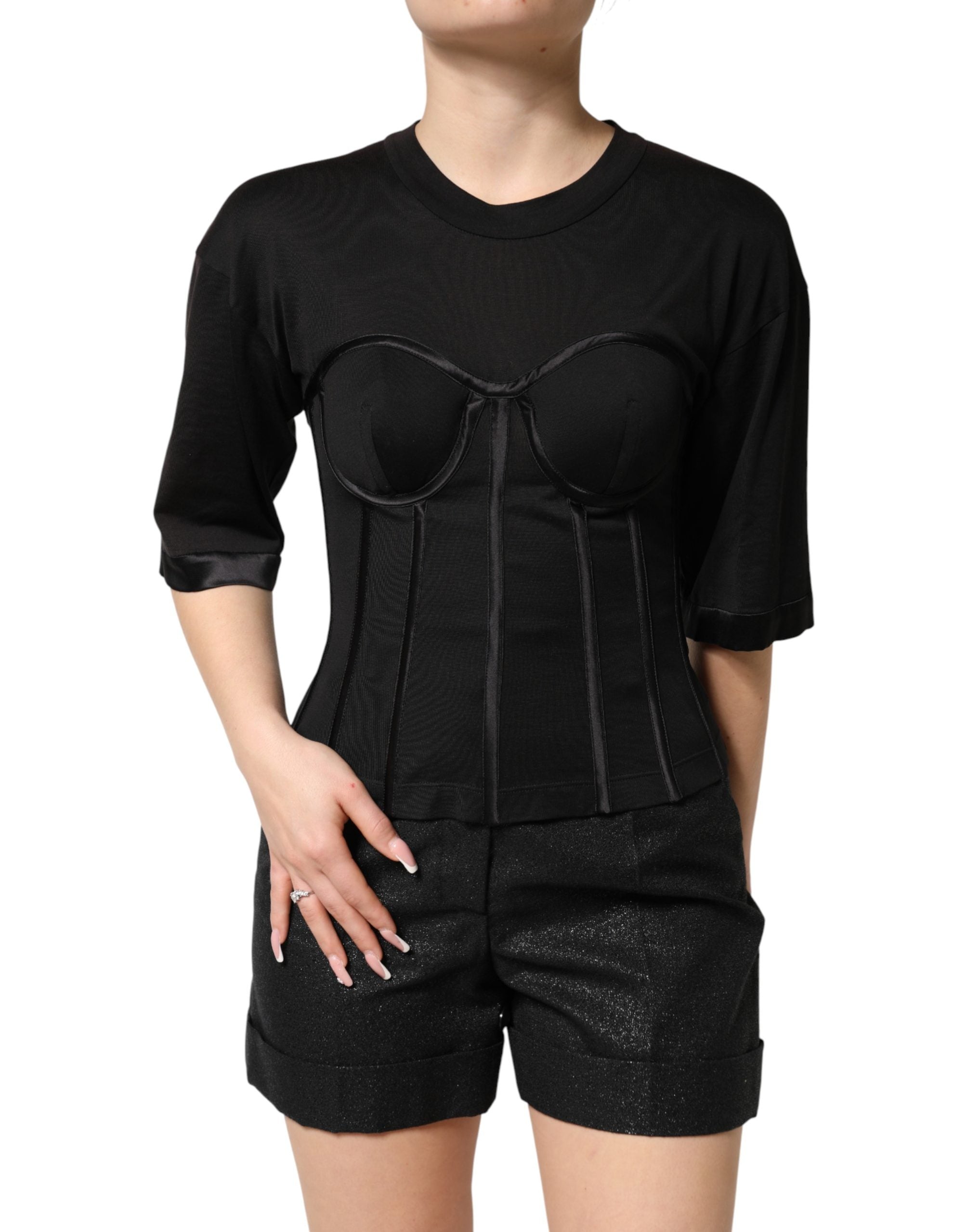 Dolce & Gabbana Black Cotton Short Sleeve Bustier T-shirt Top