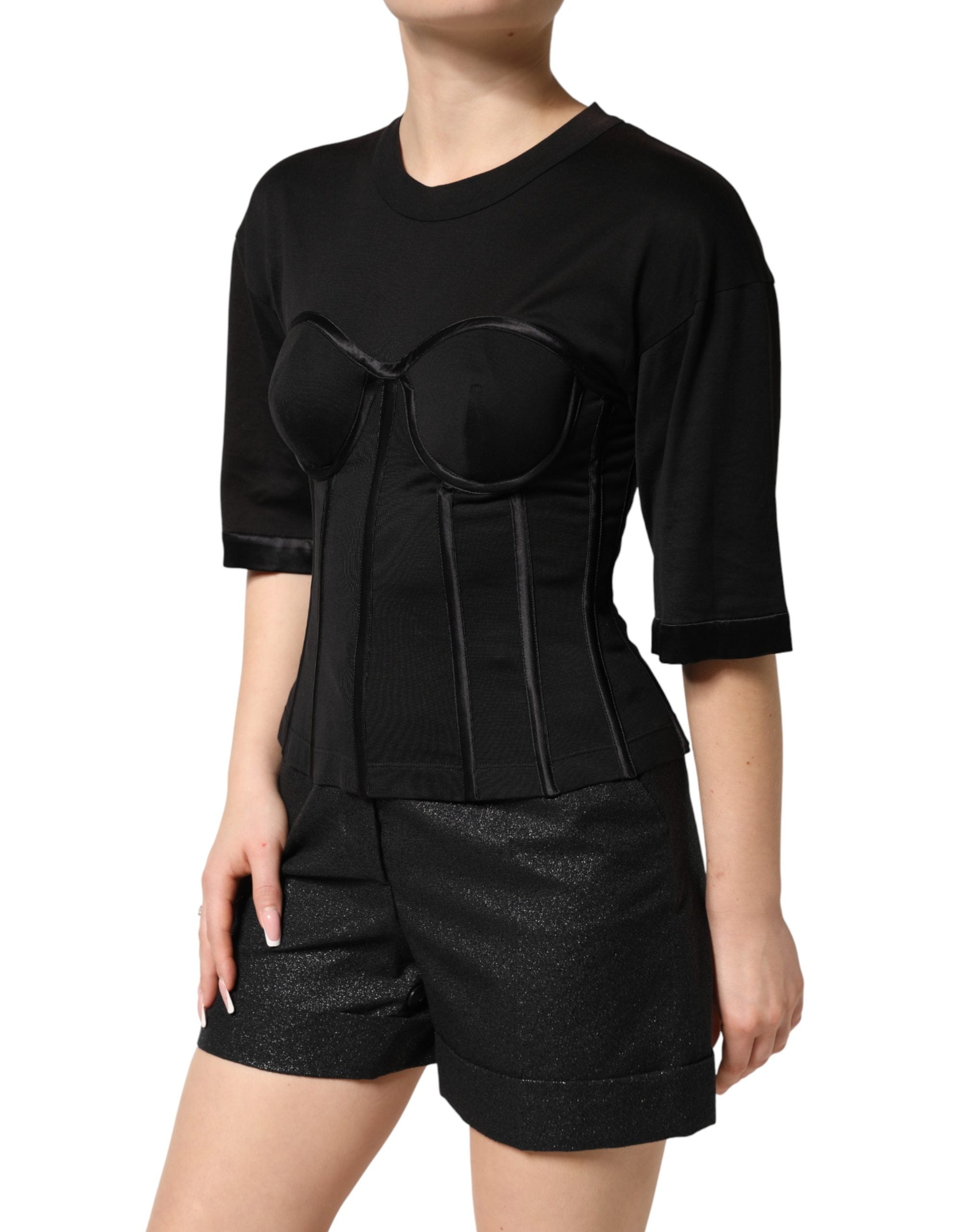 Dolce & Gabbana Black Cotton Short Sleeve Bustier T-shirt Top