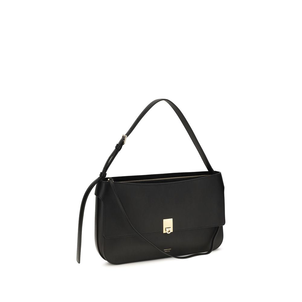 Ferragamo Black Calf Leather Bos Taurus Shoulder Bag