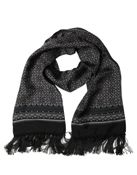 Dolce & Gabbana Black Silk Geometric Fringed Neck Shawl Scarf