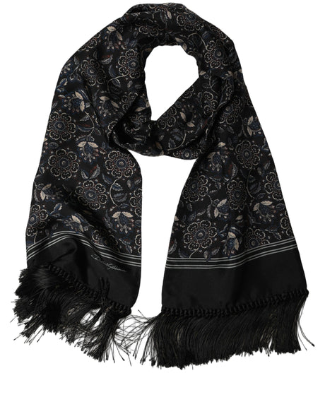 Dolce & Gabbana Black Silk Floral Paisley Fringed Shawl Scarf