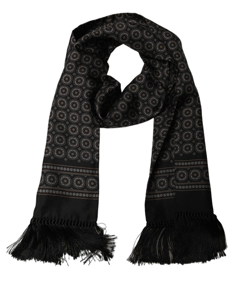 Dolce & Gabbana Black Silk Geometric Fringed Neck Shawl Scarf